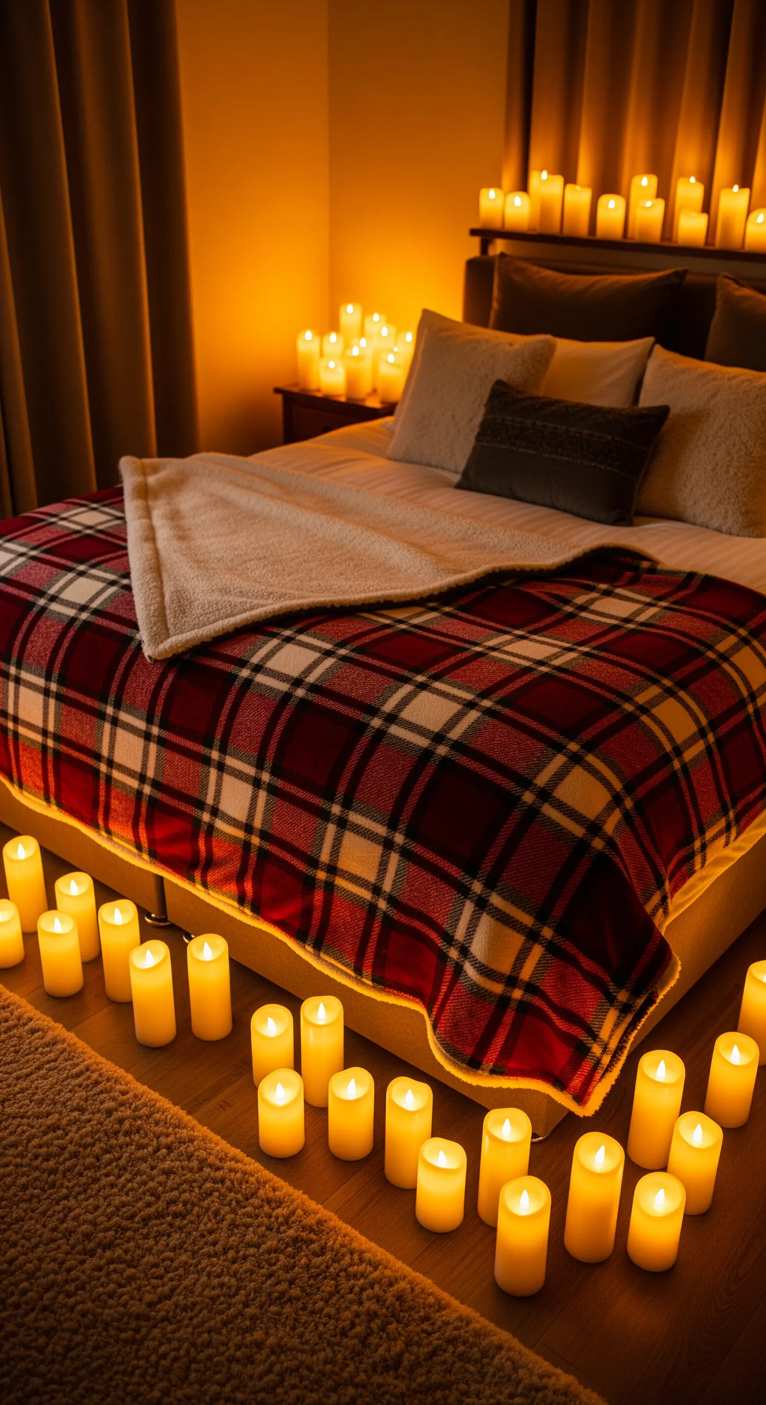 Camera da letto con un percorso di candele LED accese sul pavimento attorno al letto.