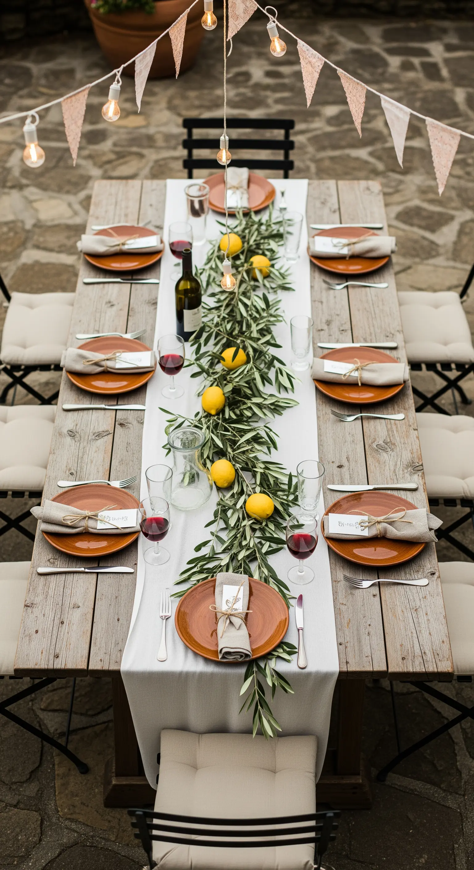 Tavola rustica in legno con runner di rami d'ulivo e limoni freschi.
