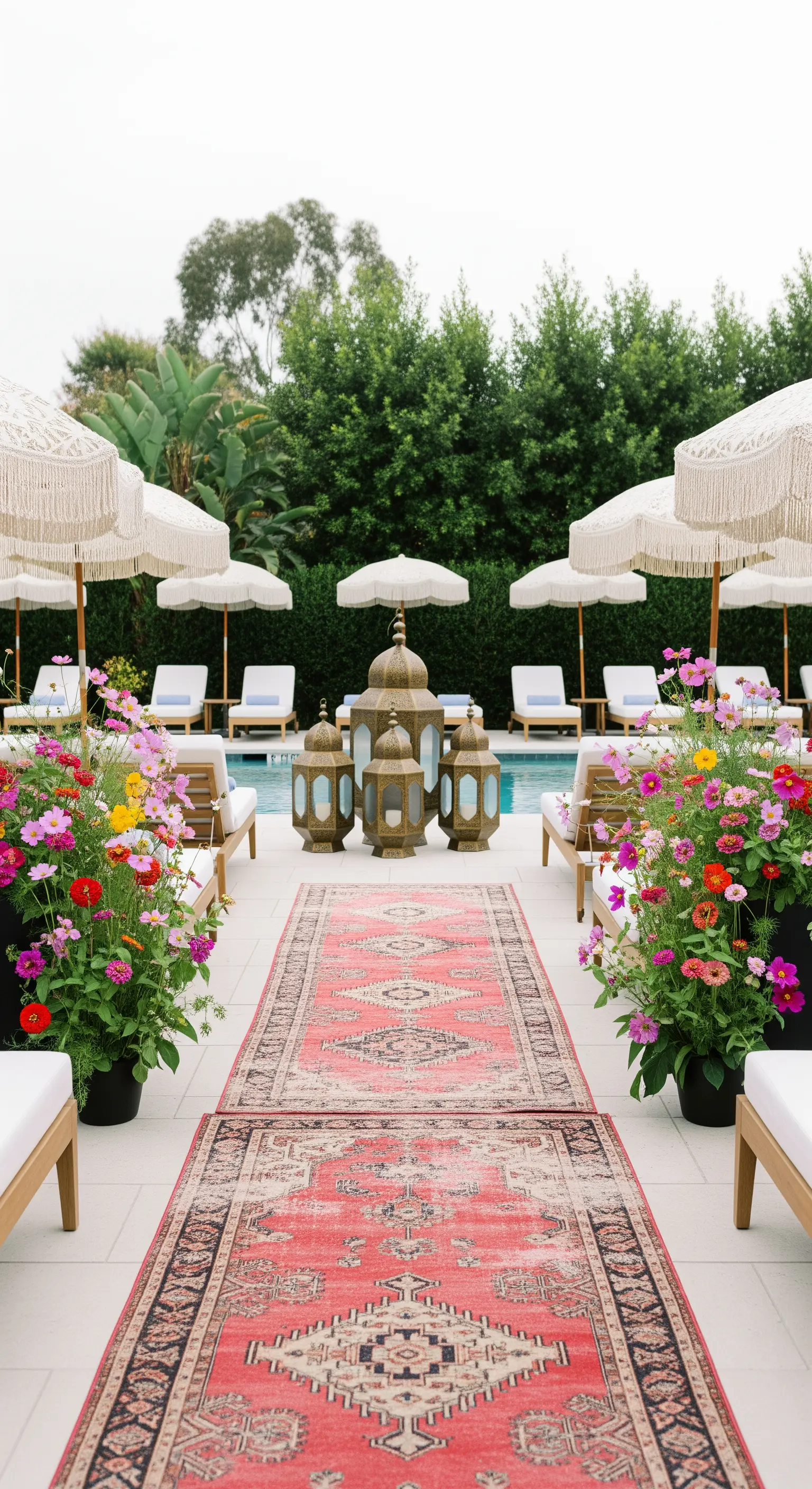 Bordo piscina con un lungo tappeto kilim, lanterne e fioriere colorate.
