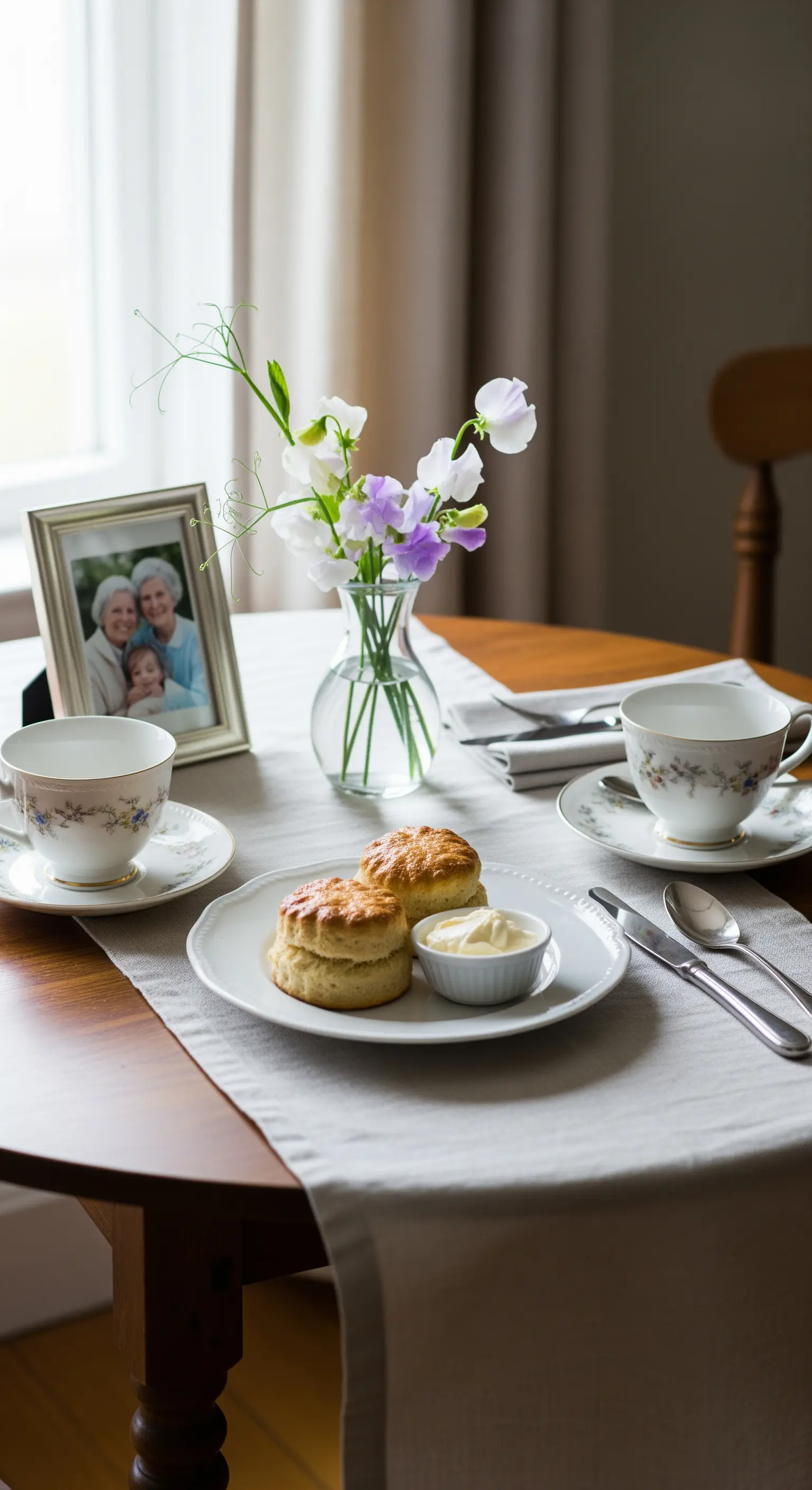 Tavola per il tè con scones, tazzine di porcellana vintage, un vaso di fiori e una foto di famiglia.