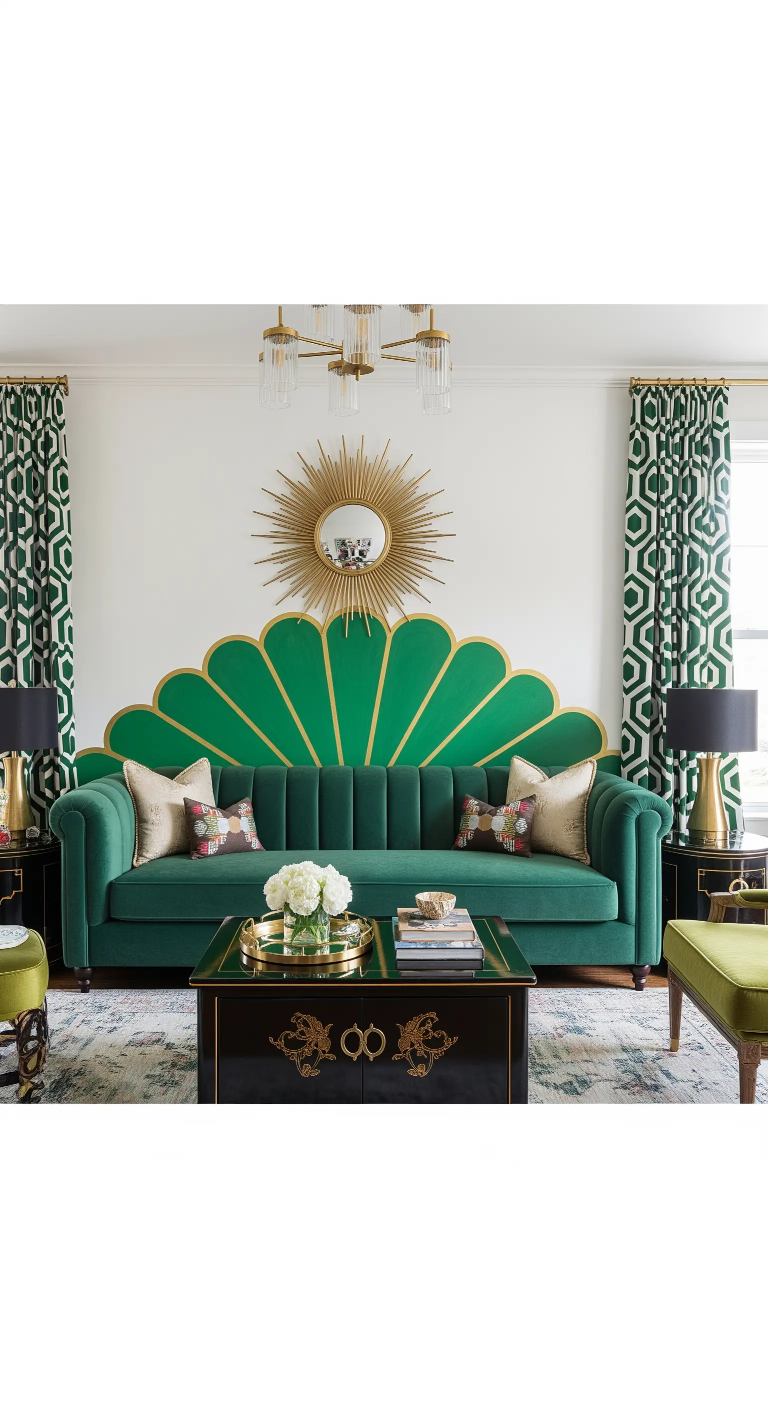 Divano in velluto verde con una parete decorata a forma di conchiglia verde e oro.