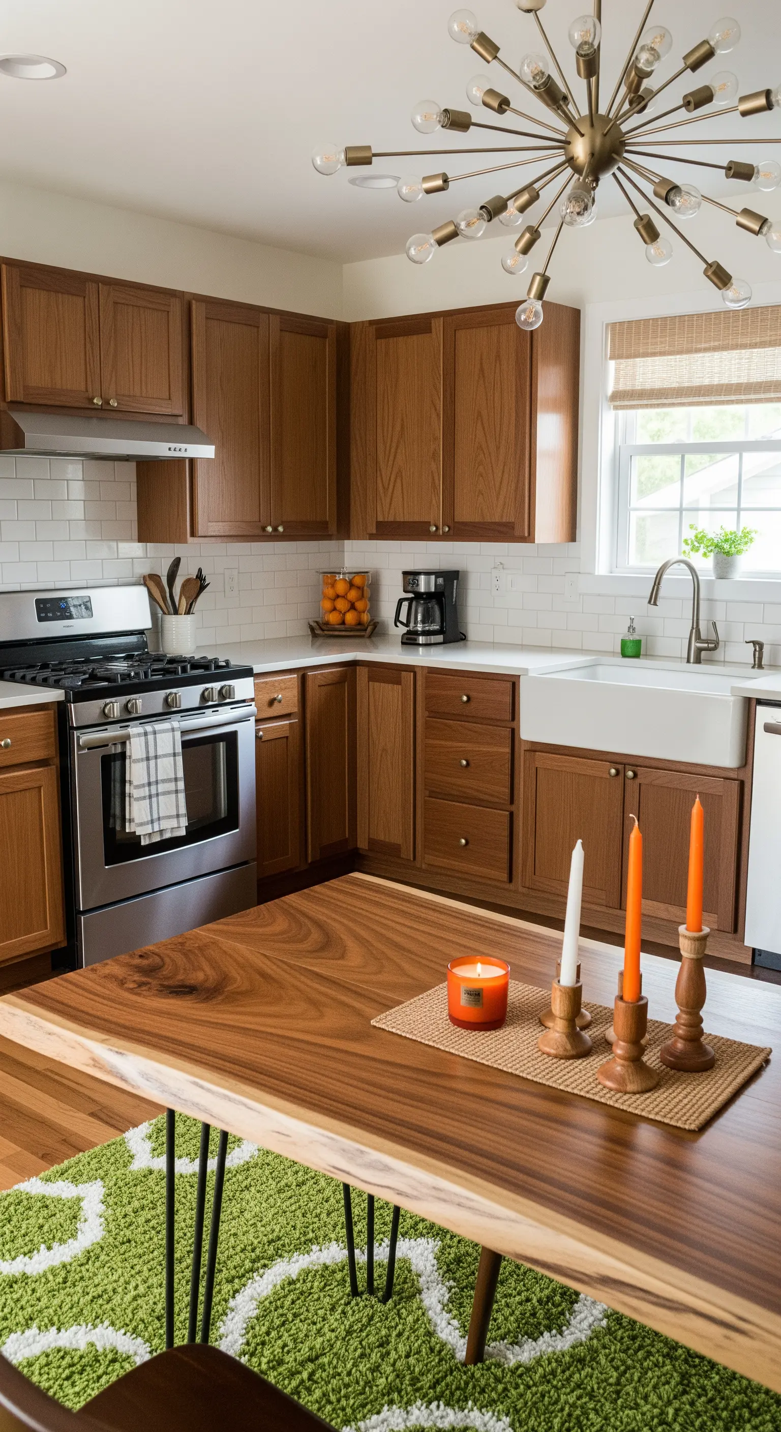 Cucina con mobili in legno, tavolo dal design moderno e un tappeto verde brillante con motivo bianco.