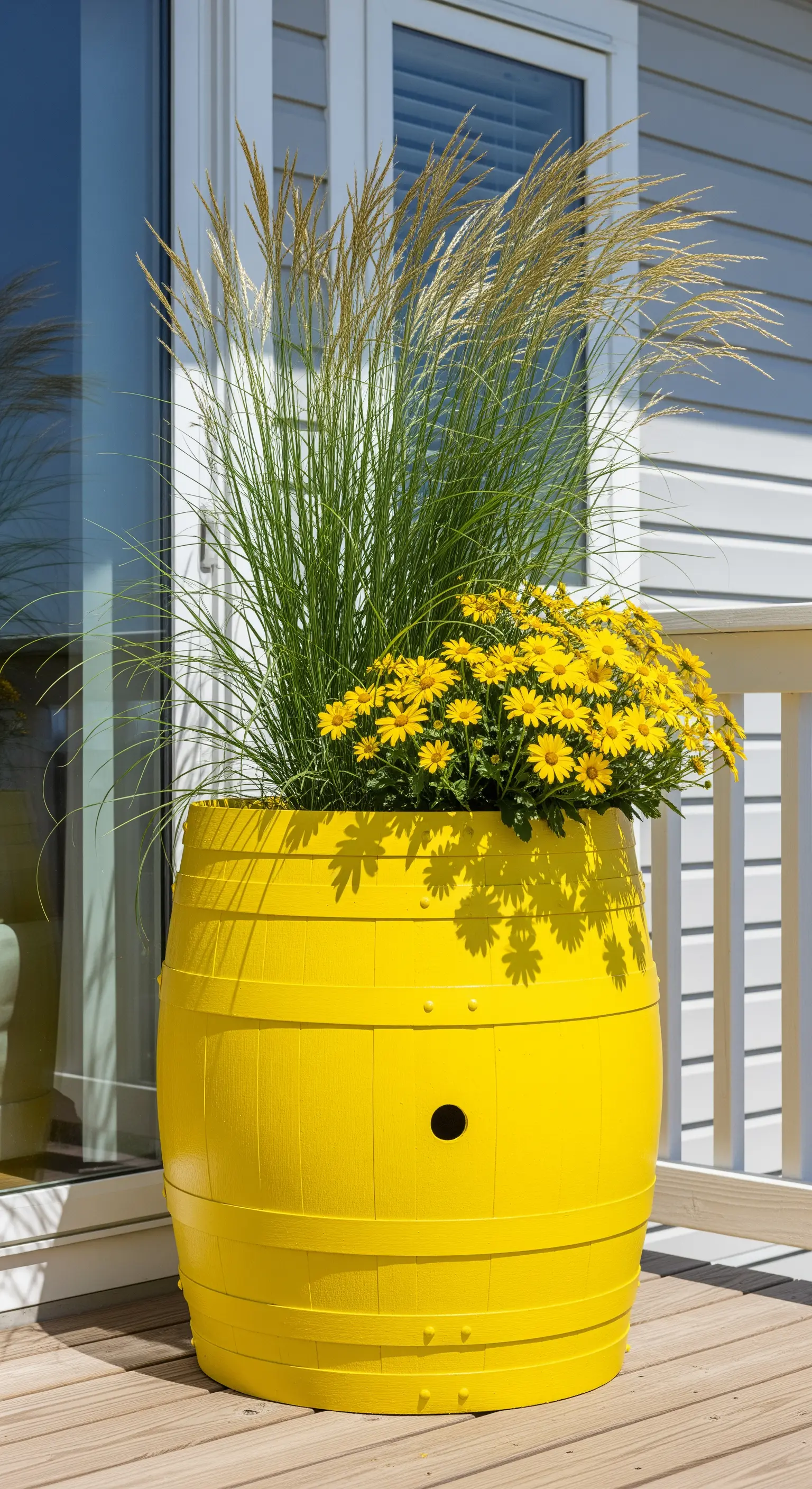 Botte di vino dipinta di un giallo acceso e usata come fioriera per erbe e fiori.