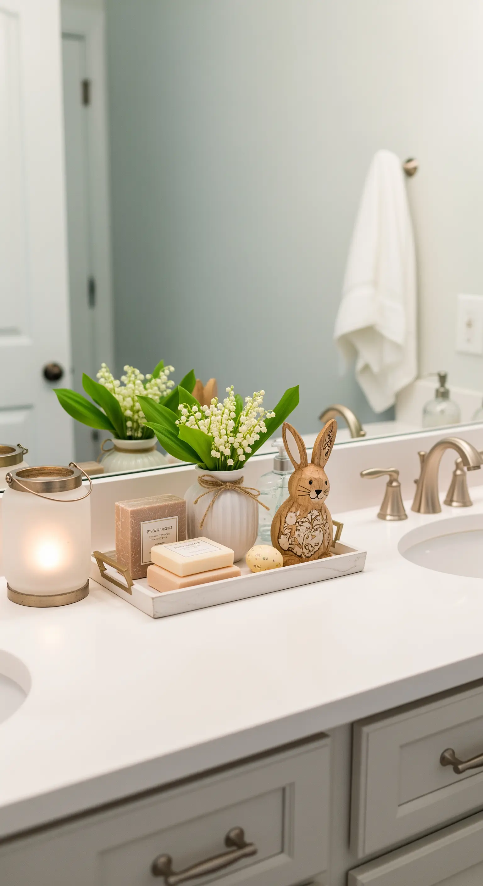 Vassoio decorativo per il bagno a tema pasquale con fiori, saponi e una lanterna.