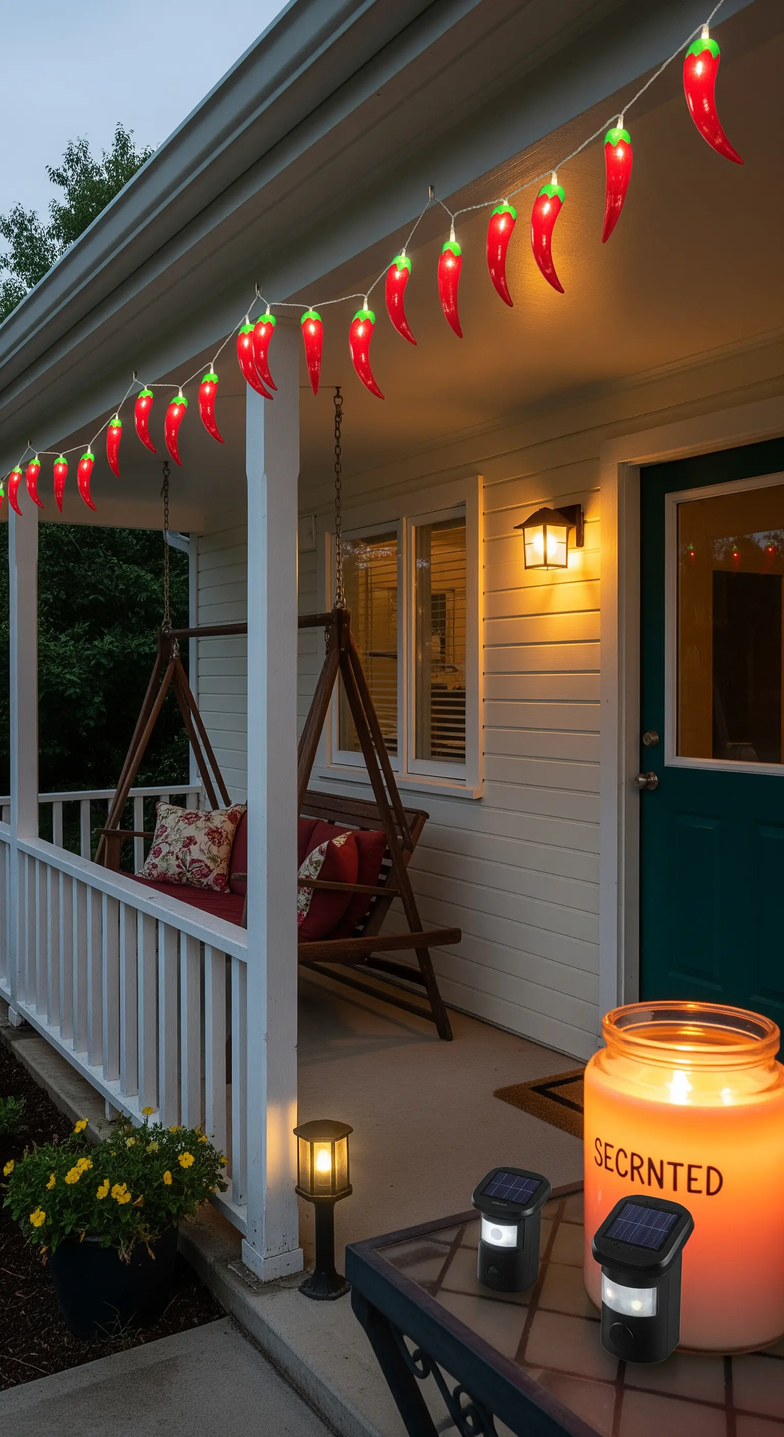 Portico di casa con un filo di luci a forma di peperoncini rossi e dondolo.