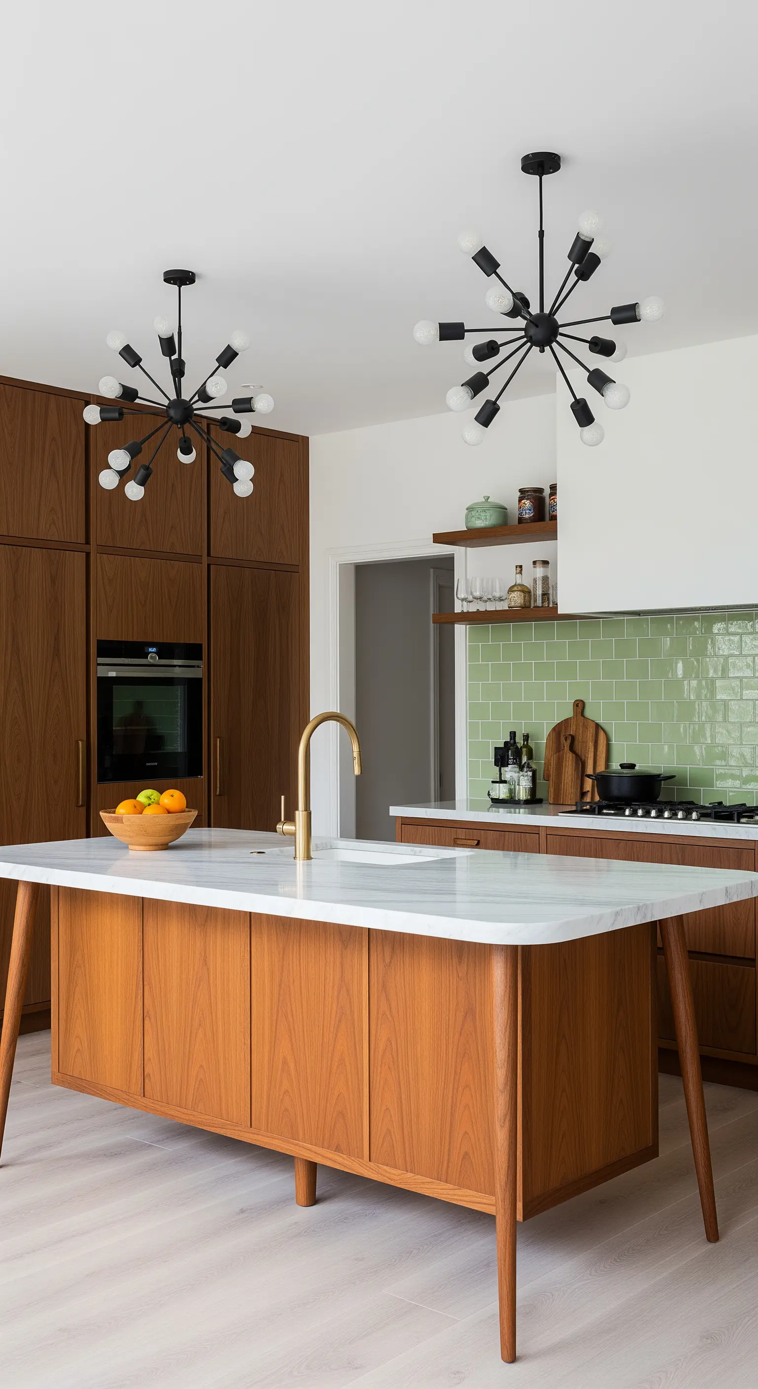 Cucina con mobili in legno, paraschizzi verde e due lampadari Sputnik neri.