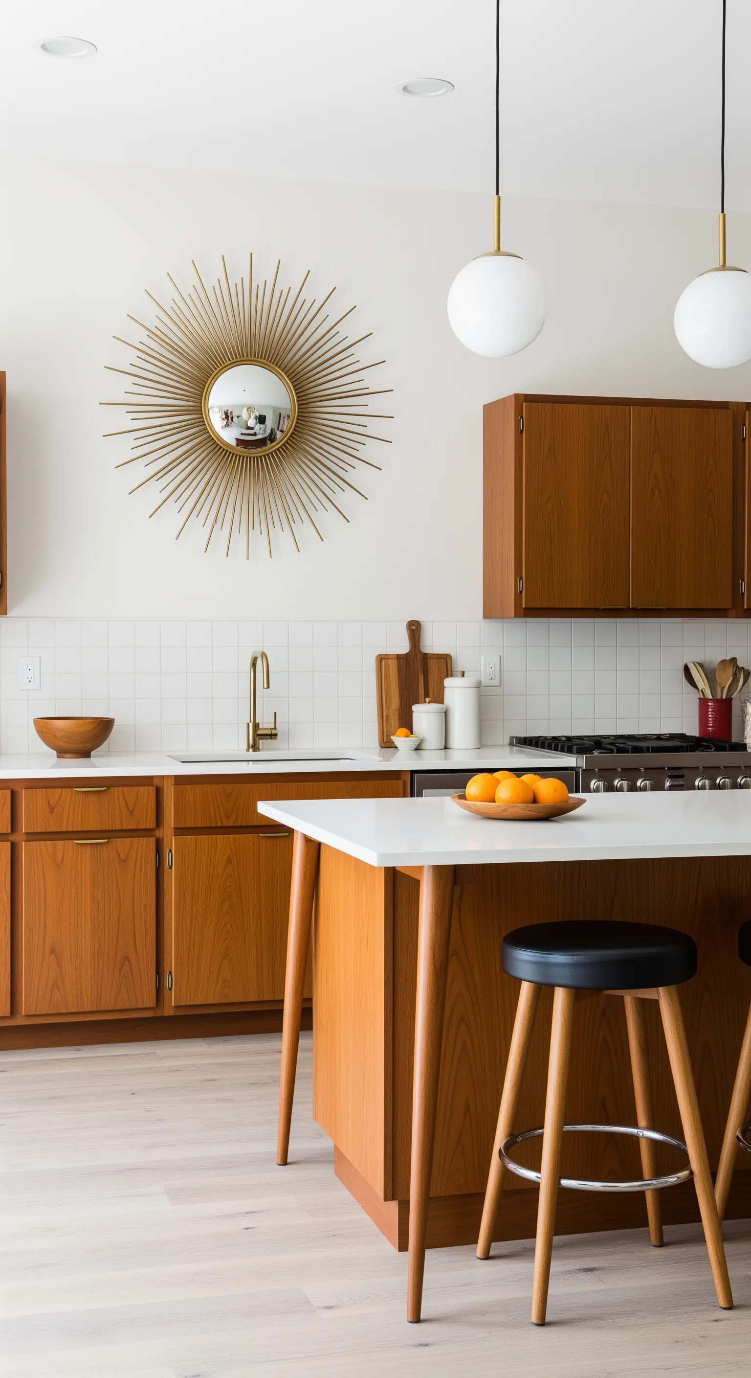 Specchio dorato a raggiera appeso in una cucina moderna con mobili in legno.