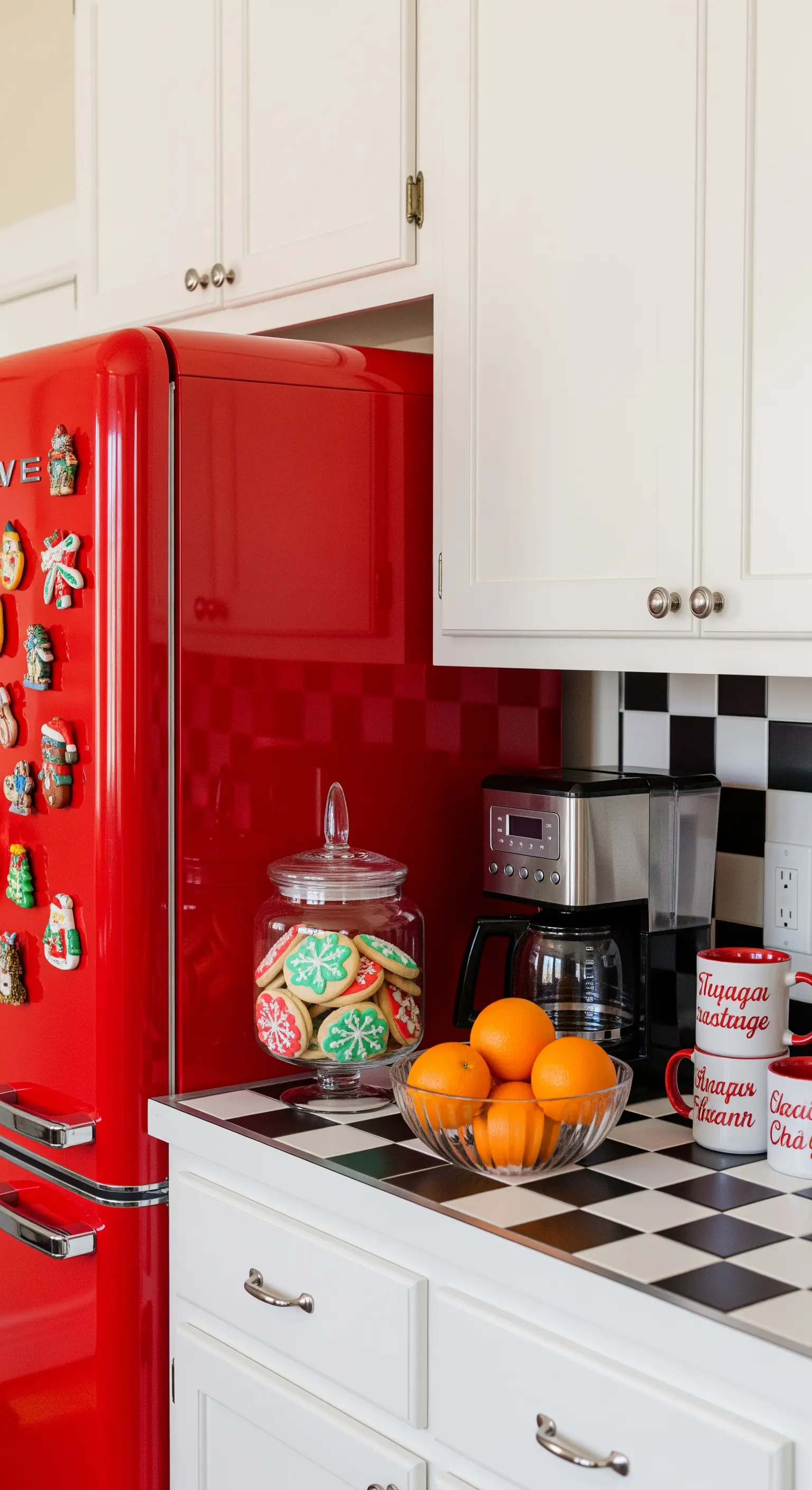 Cucina in stile retrò con un frigorifero rosso, piastrelle a scacchiera e un barattolo di biscotti.