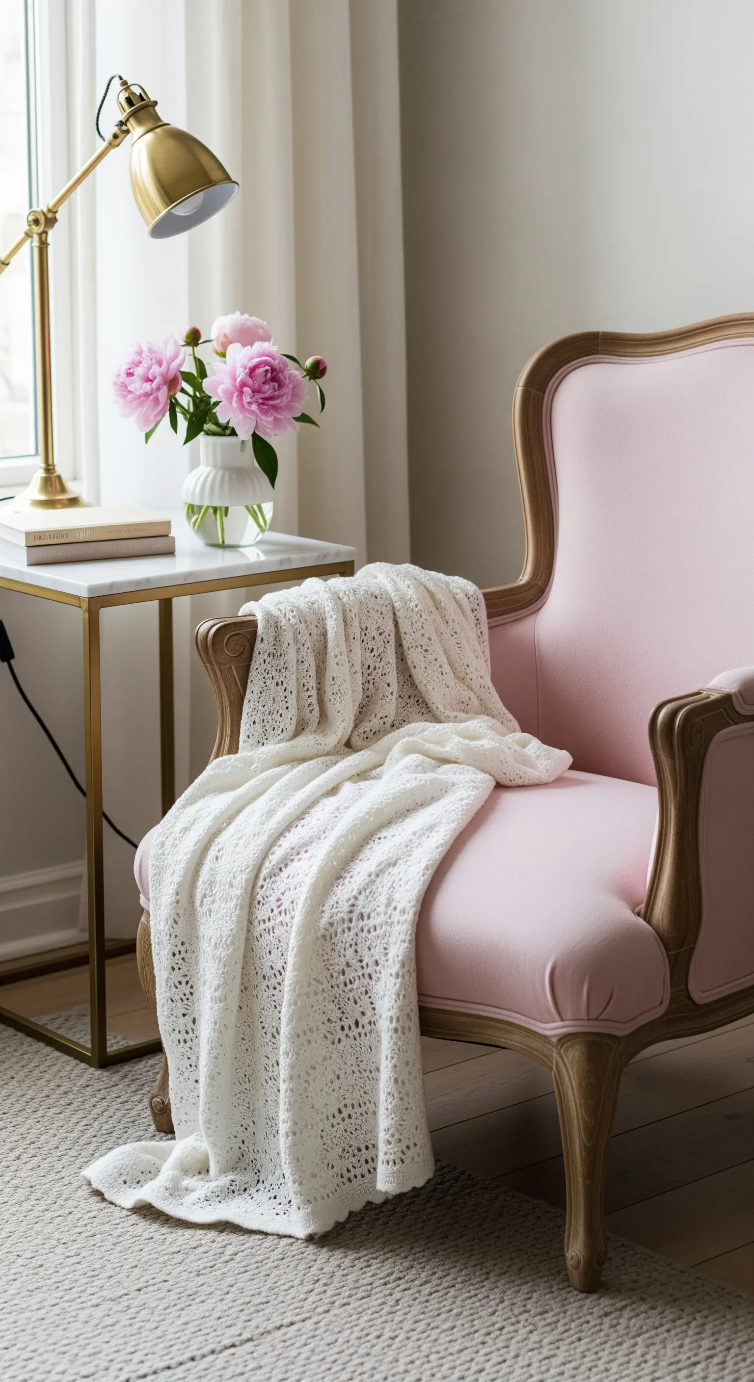 Poltrona rosa antico con coperta in pizzo, accanto a un tavolino dorato con piano in marmo e peonie rosa.