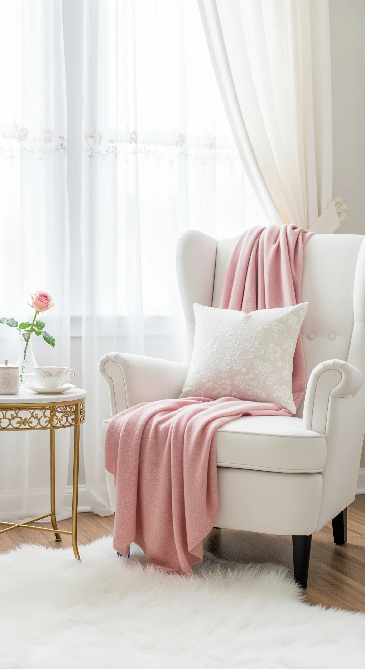 Poltrona bianca con plaid rosa, tavolino dorato e tappeto in pelliccia sintetica.