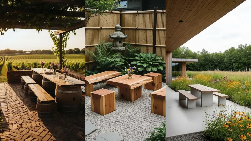 Patii rustici con tavoli da picnic in legno, panche grezze e fiori di campo, per un tuffo nella natura.
