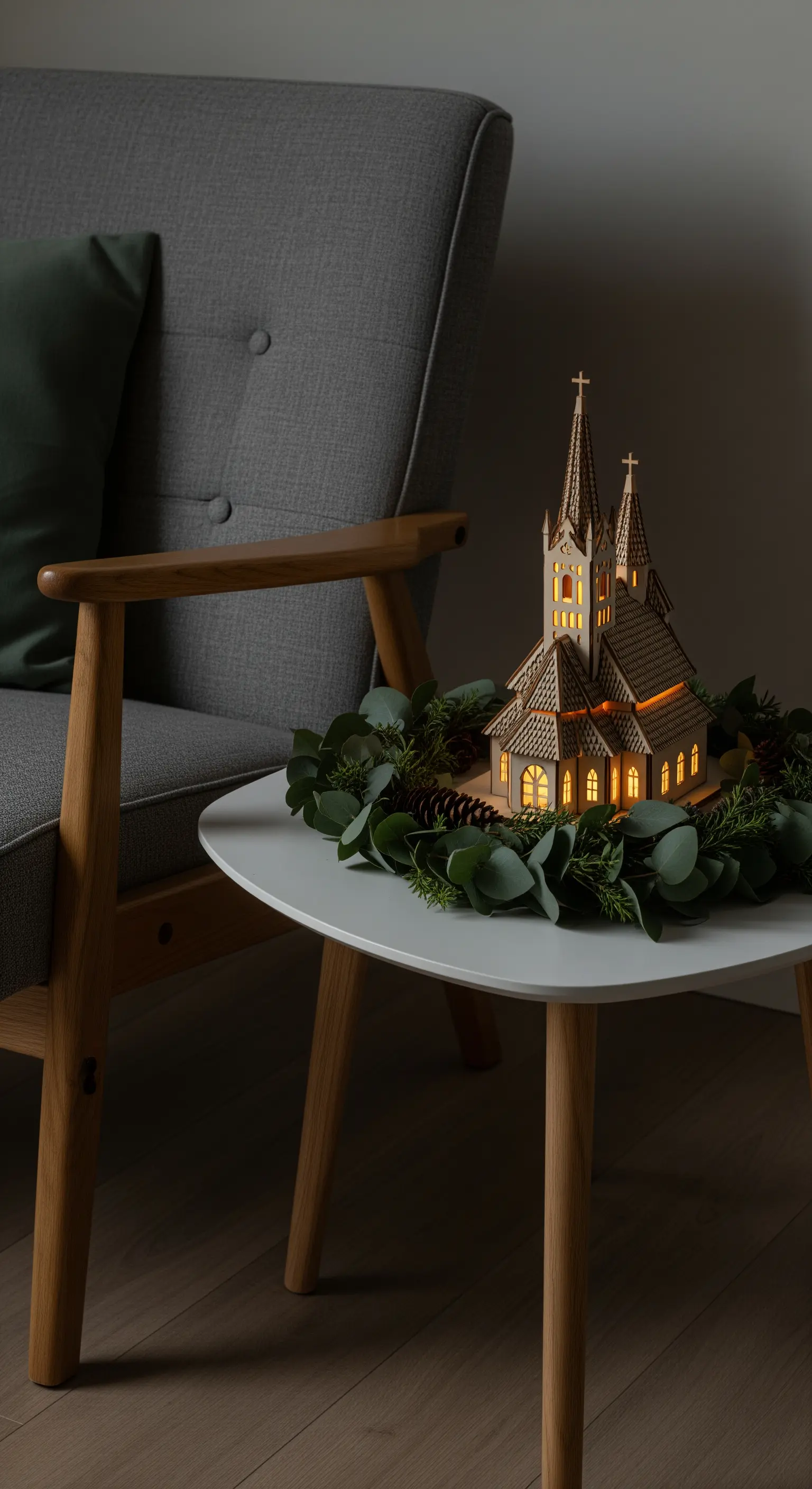 Modellino di cattedrale in legno illuminata, posata su un tavolino con una ghirlanda di eucalipto.