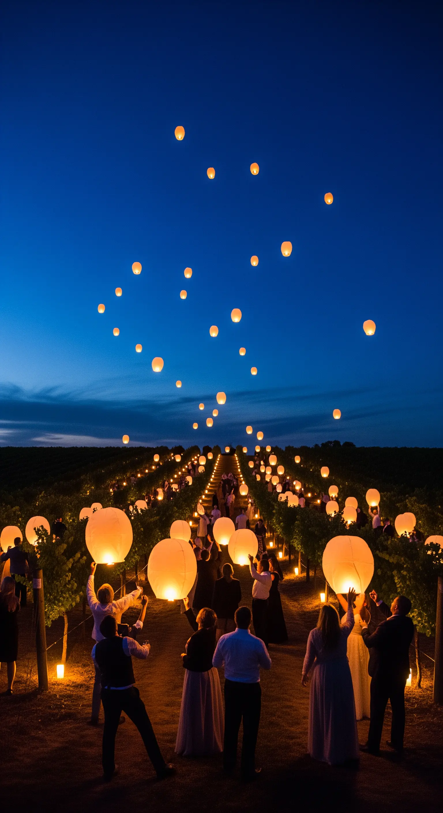 Lancio collettivo di lanterne luminose nel cielo notturno sopra un vigneto.