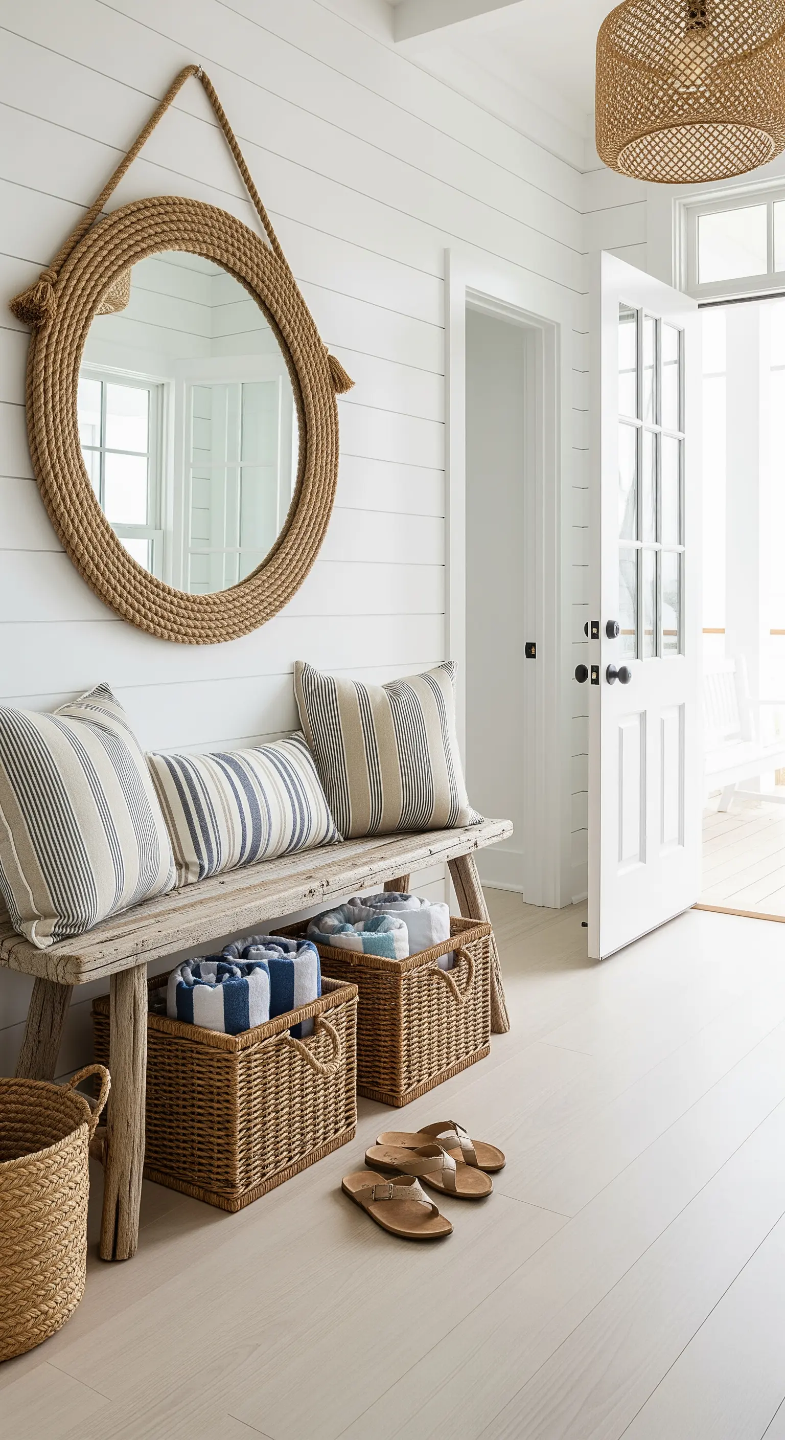 Ingresso in stile costiero con panca in legno, cuscini a righe e specchio con cornice in corda.