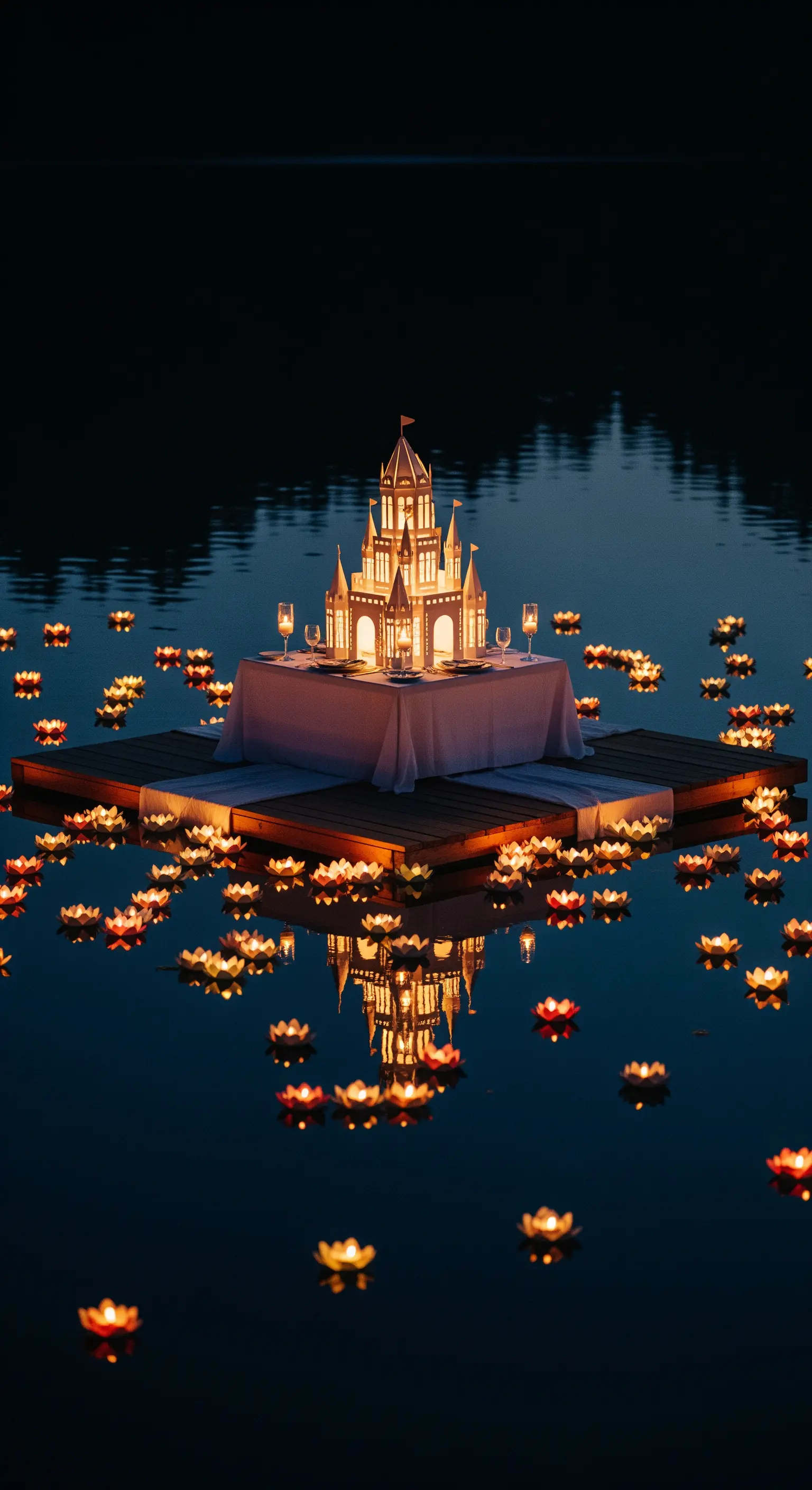 Cena romantica su una zattera con un castello illuminato, circondata da lanterne sull'acqua.
