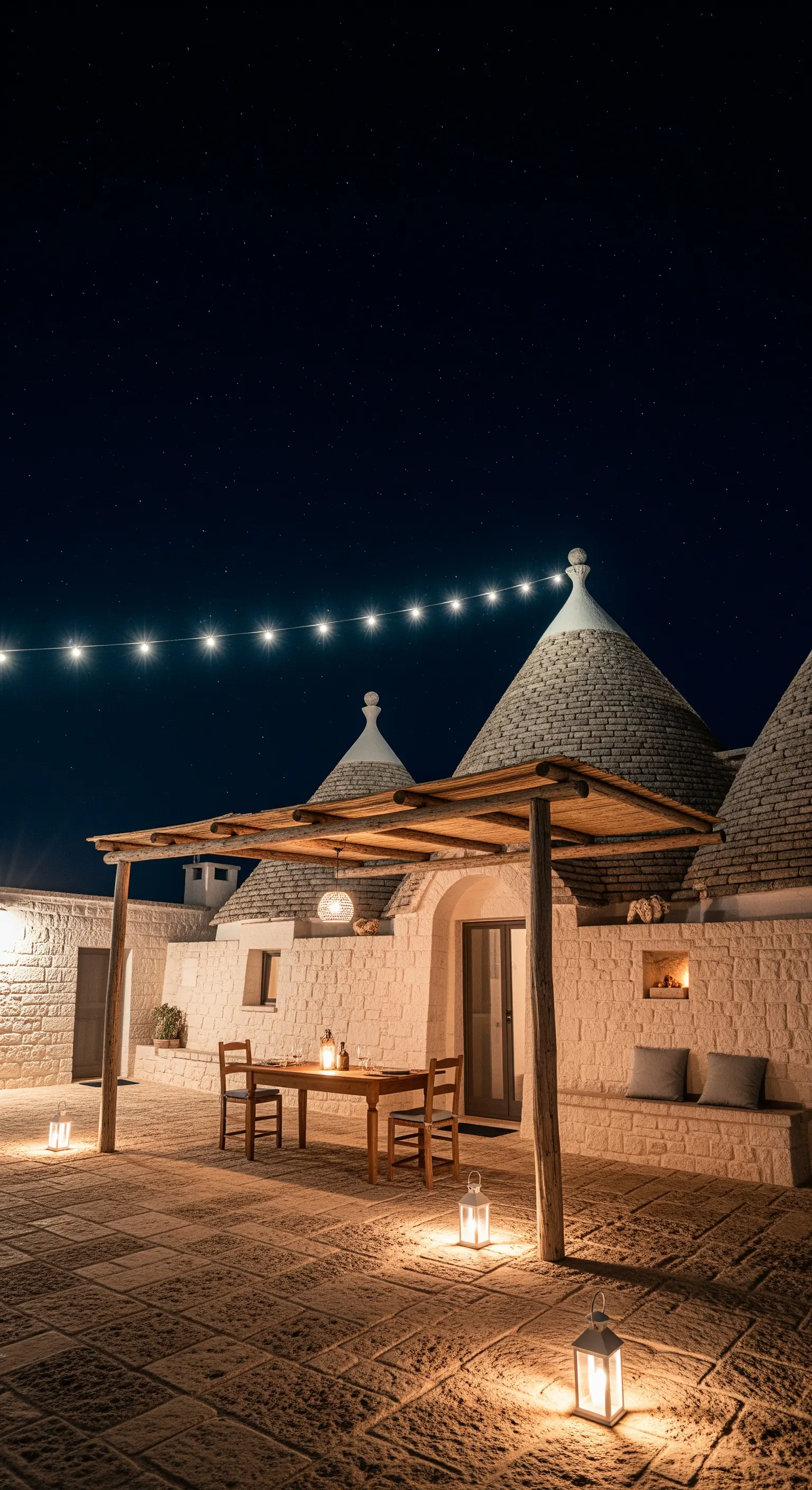 Terrazza di un trullo con una semplice pergola in legno e canne sotto un cielo stellato.