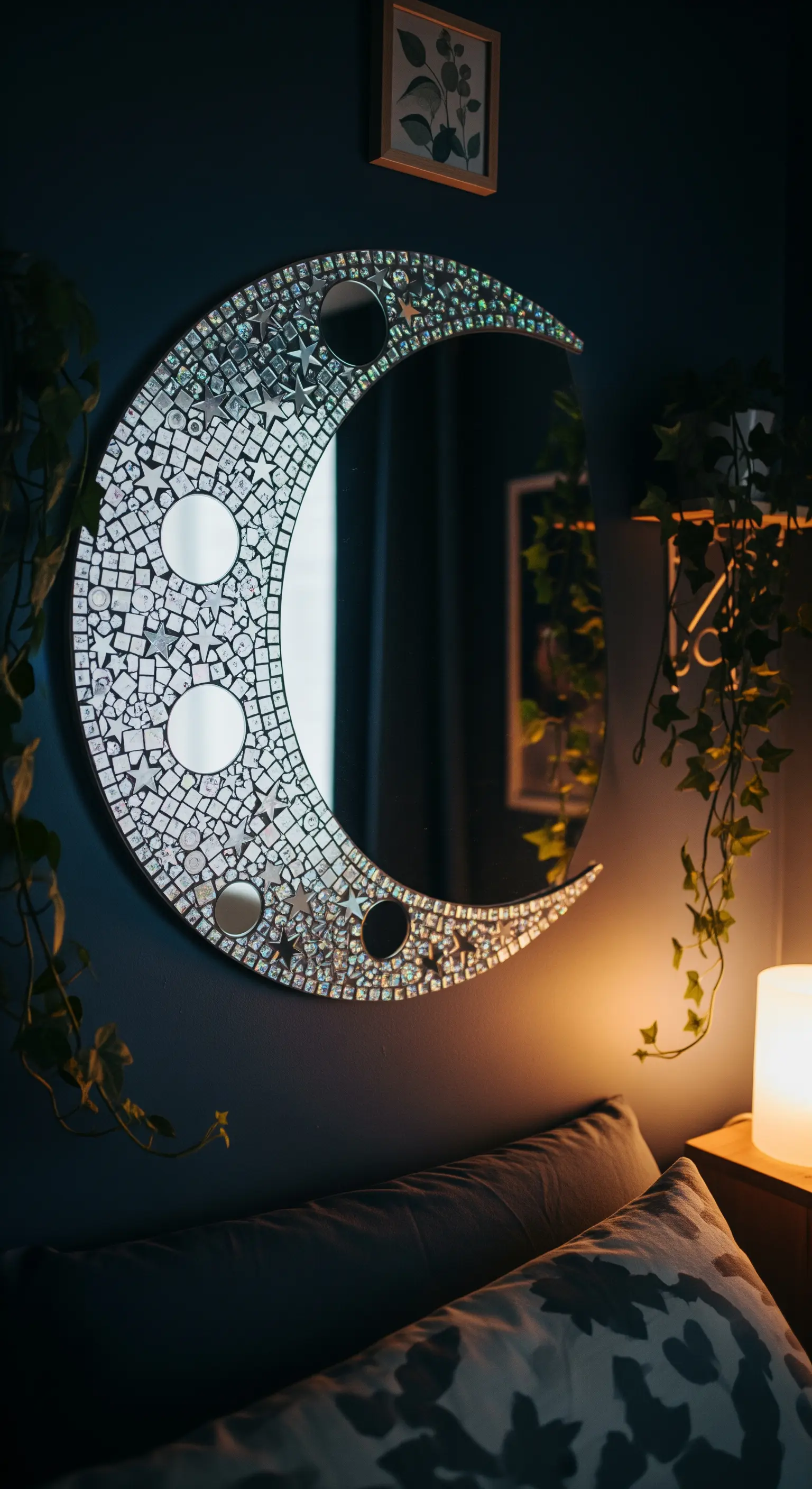 Specchio a forma di luna crescente con mosaico di CD, appeso sopra un letto in una stanza buia.