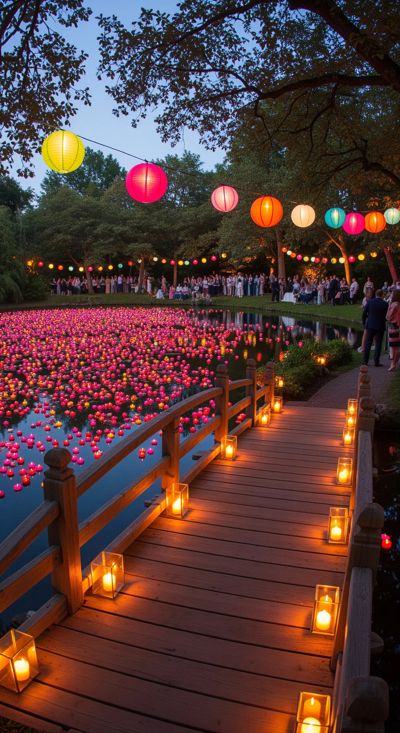 Festa in giardino con un laghetto pieno di centinaia di luci galleggianti rosa e rosse.