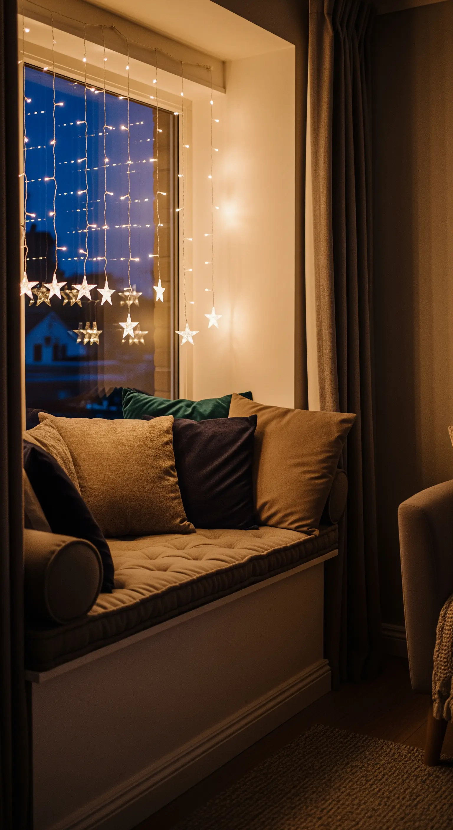 Panca imbottita sotto una finestra, decorata con una tenda di luci a forma di stella.