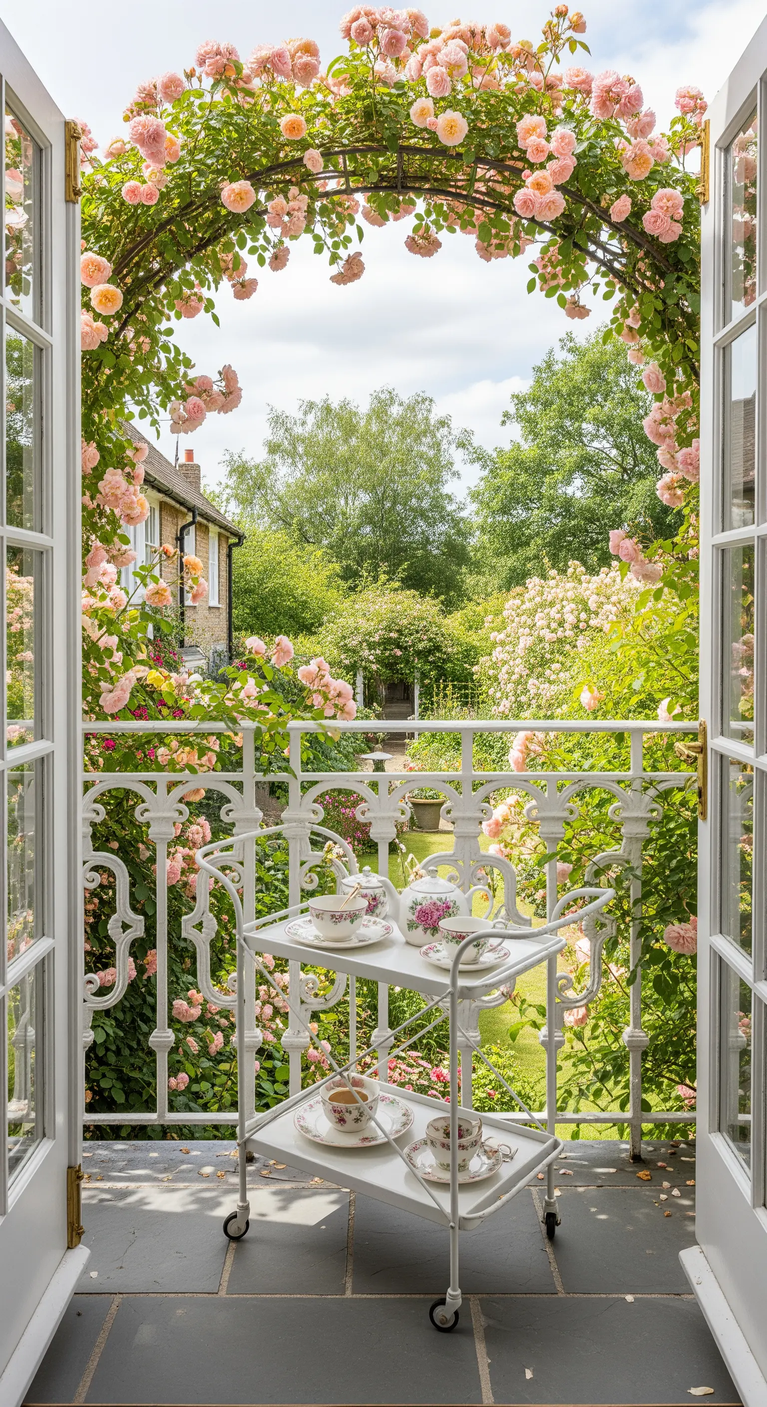 Balcone con arco di rose rosa che incornicia la vista su un giardino lussureggiante.
