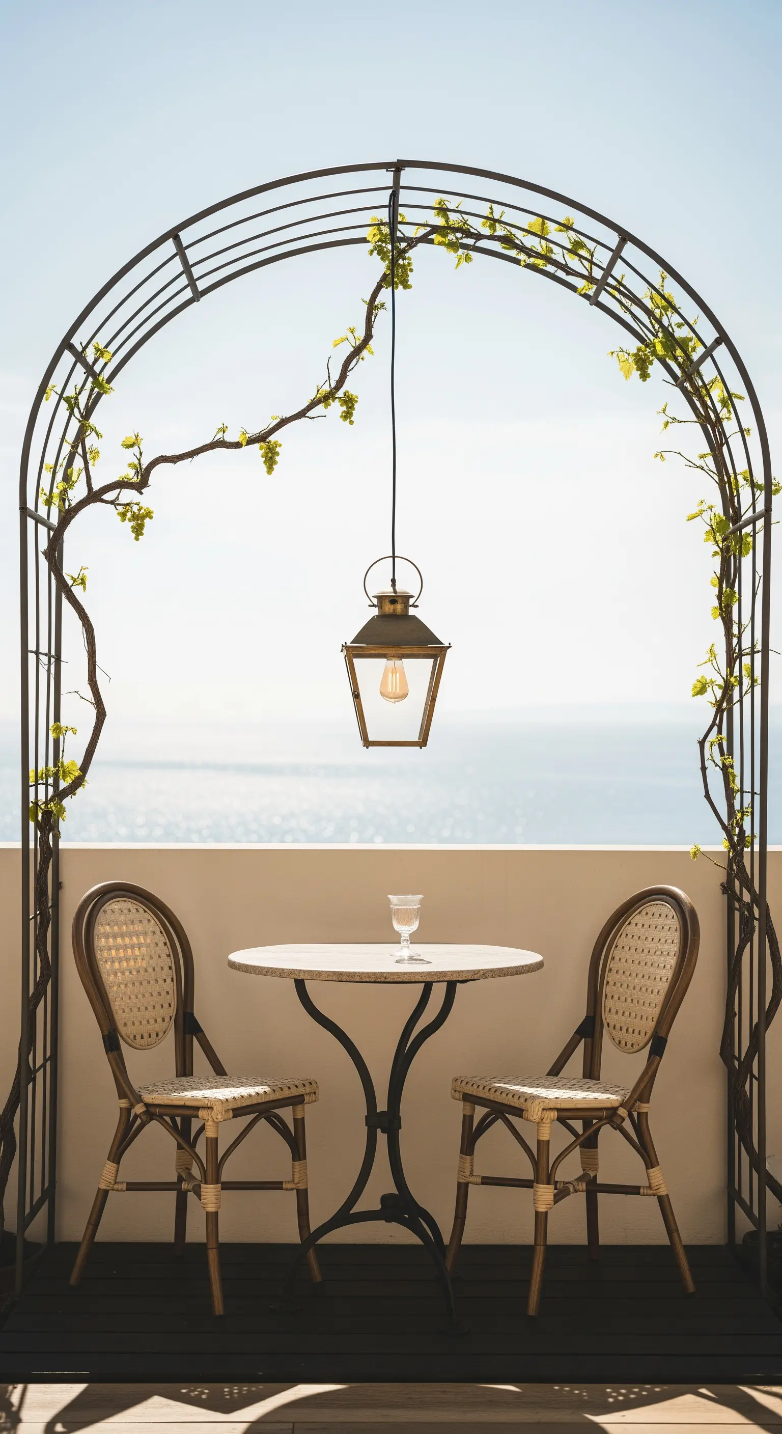 Balcone con vista mare, arco in metallo con vite, tavolino e sedie da bistrò