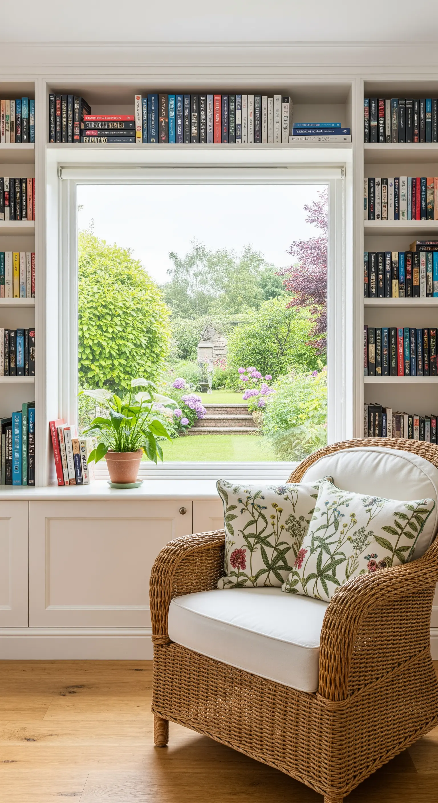 Libreria bianca che incornicia una finestra affacciata sul giardino, con poltrona in vimini.