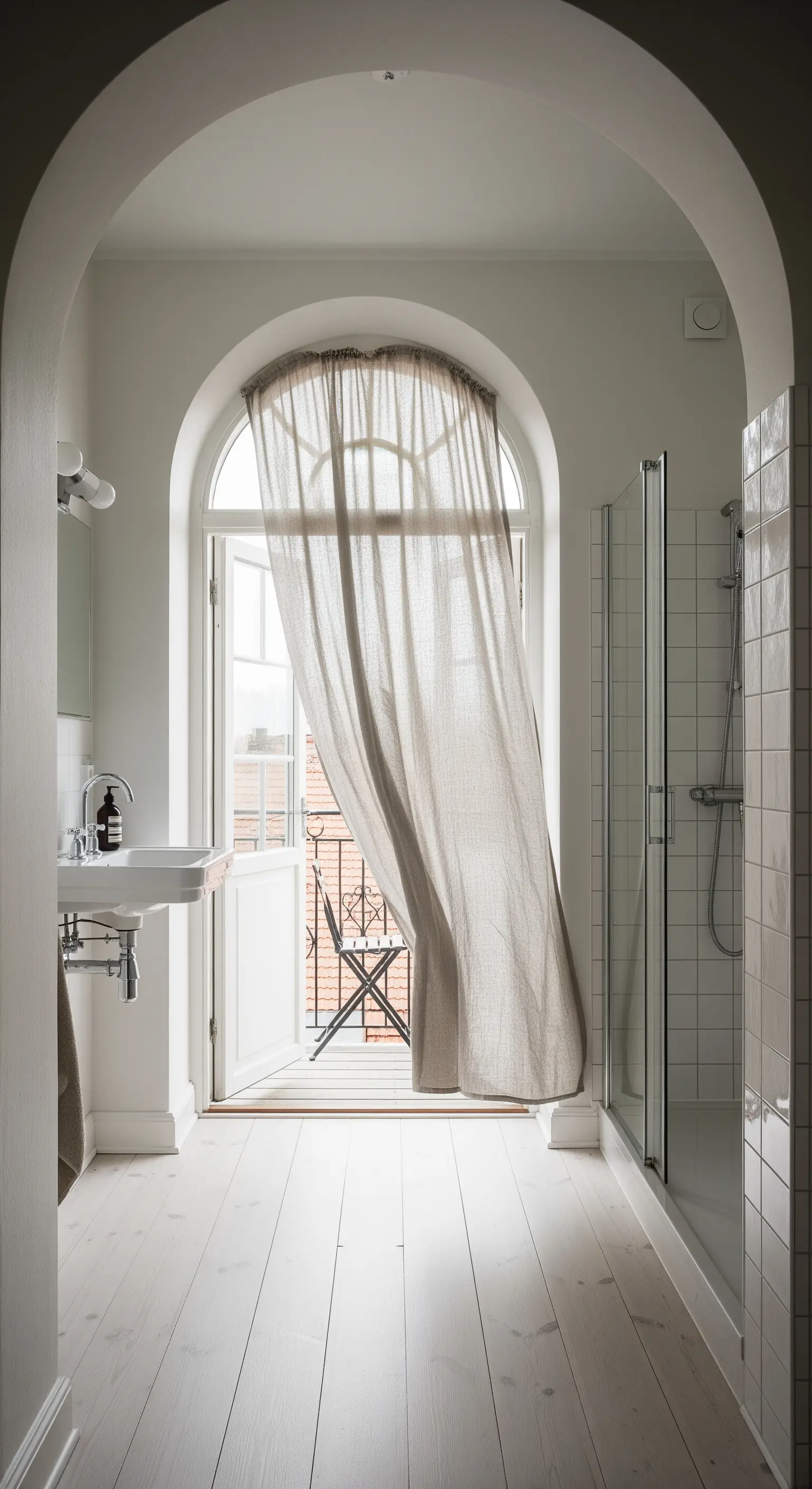 Bagno luminoso con pavimento in legno bianco e porta ad arco aperta su un balcone.