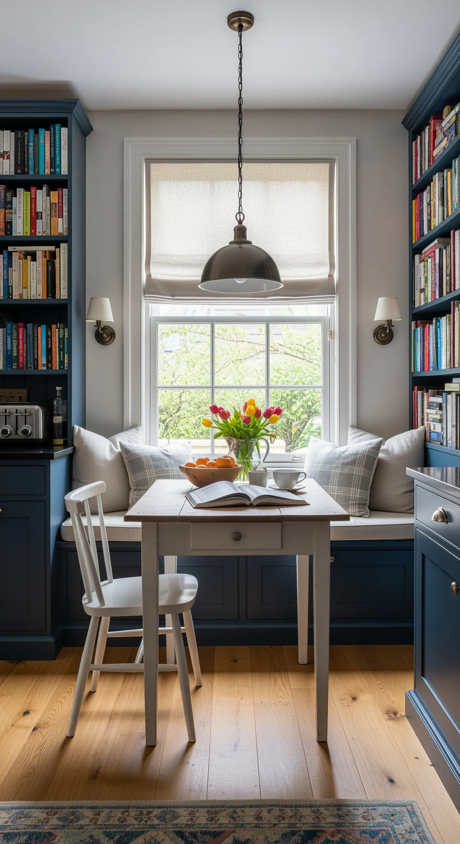Angolo lettura in cucina con panca sotto la finestra e librerie blu ai lati.