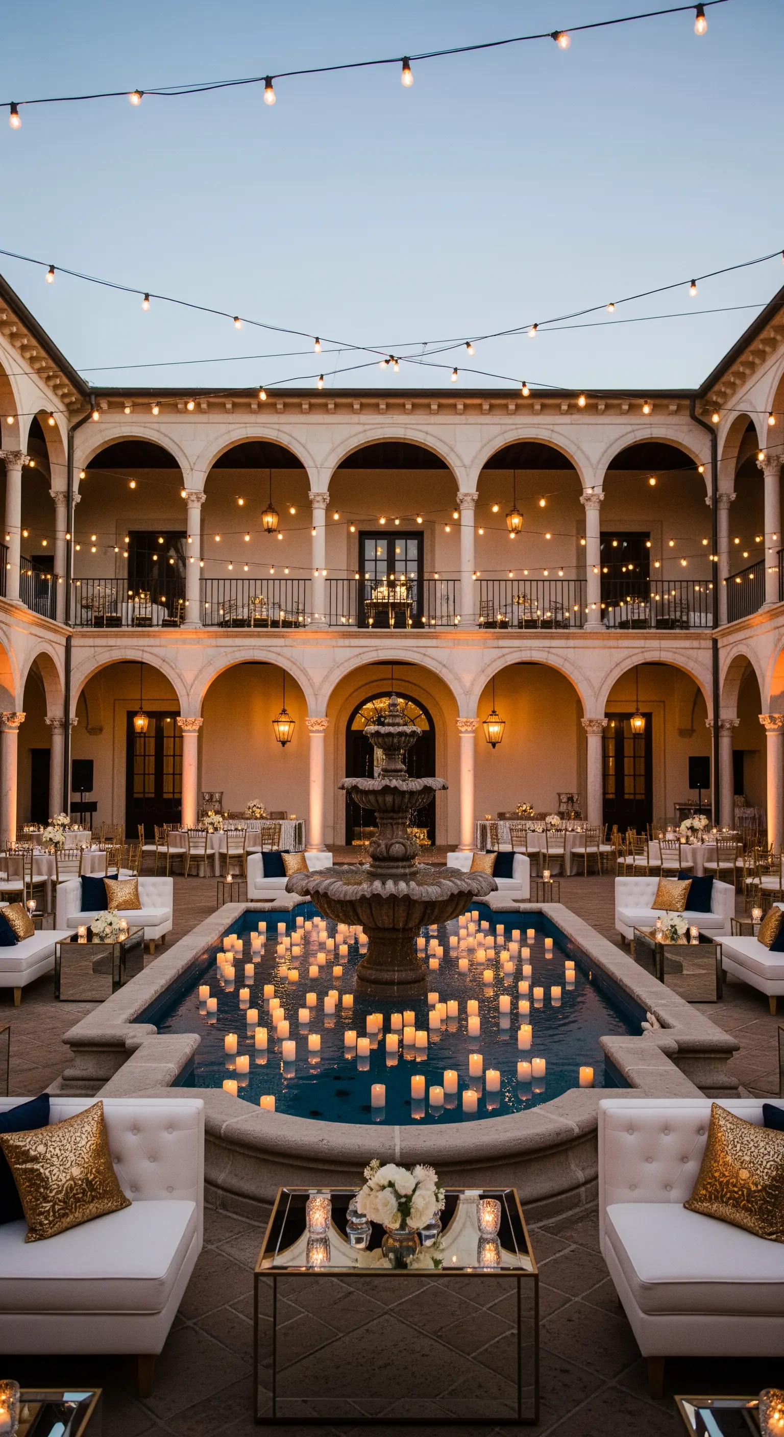 Cortile con fontana piena di candele galleggianti e divani bianchi con cuscini blu e oro.