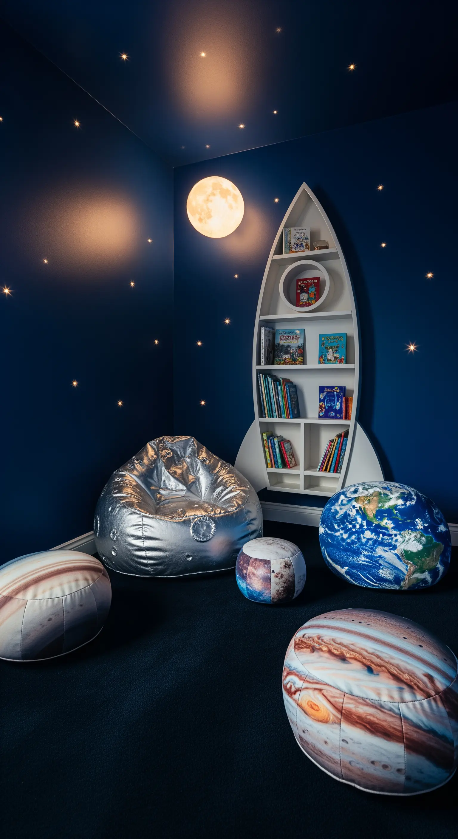 Cameretta a tema spazio con libreria a forma di razzo e pouf a forma di pianeti.