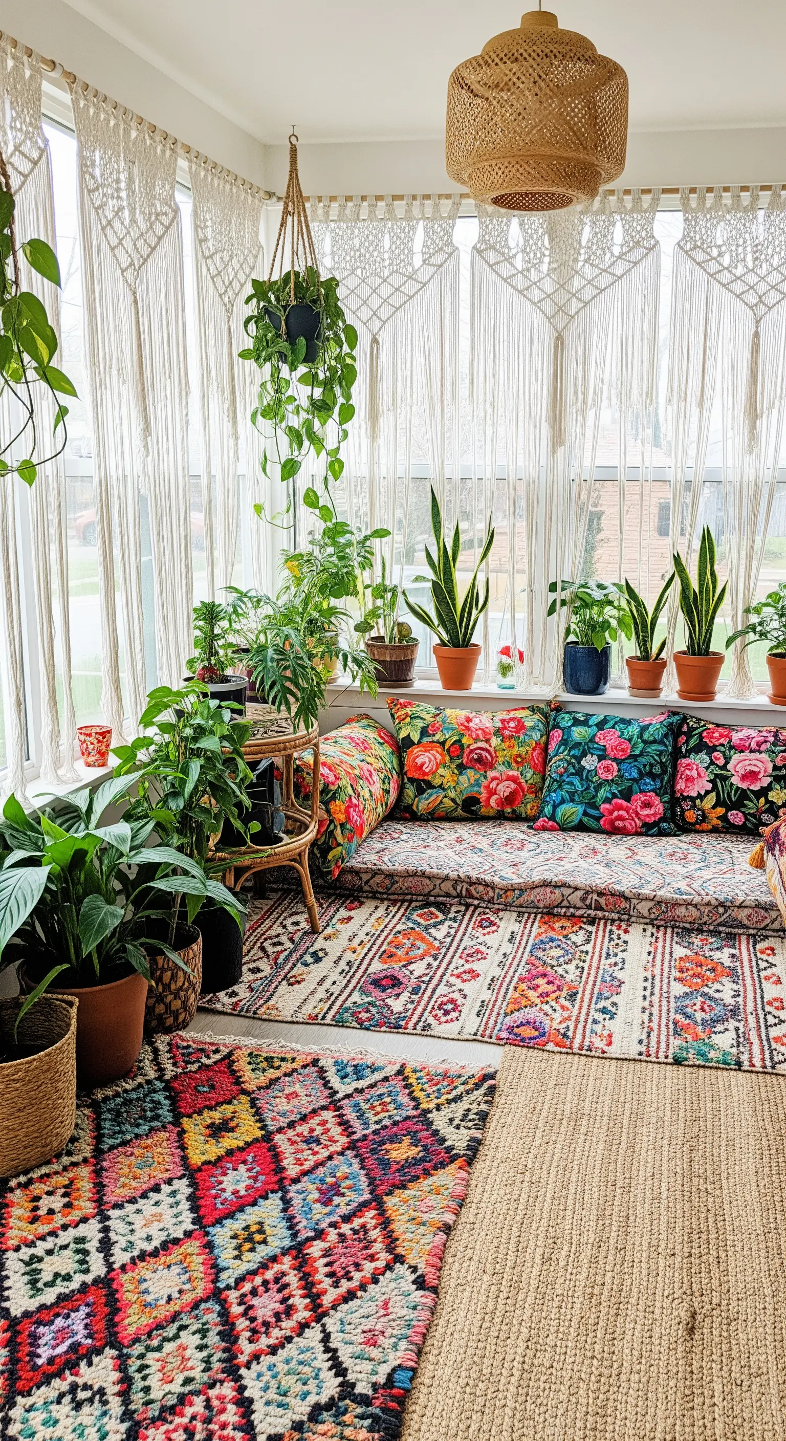 Veranda bohémien con piante, tappeti kilim sovrapposti e cuscini floreali.