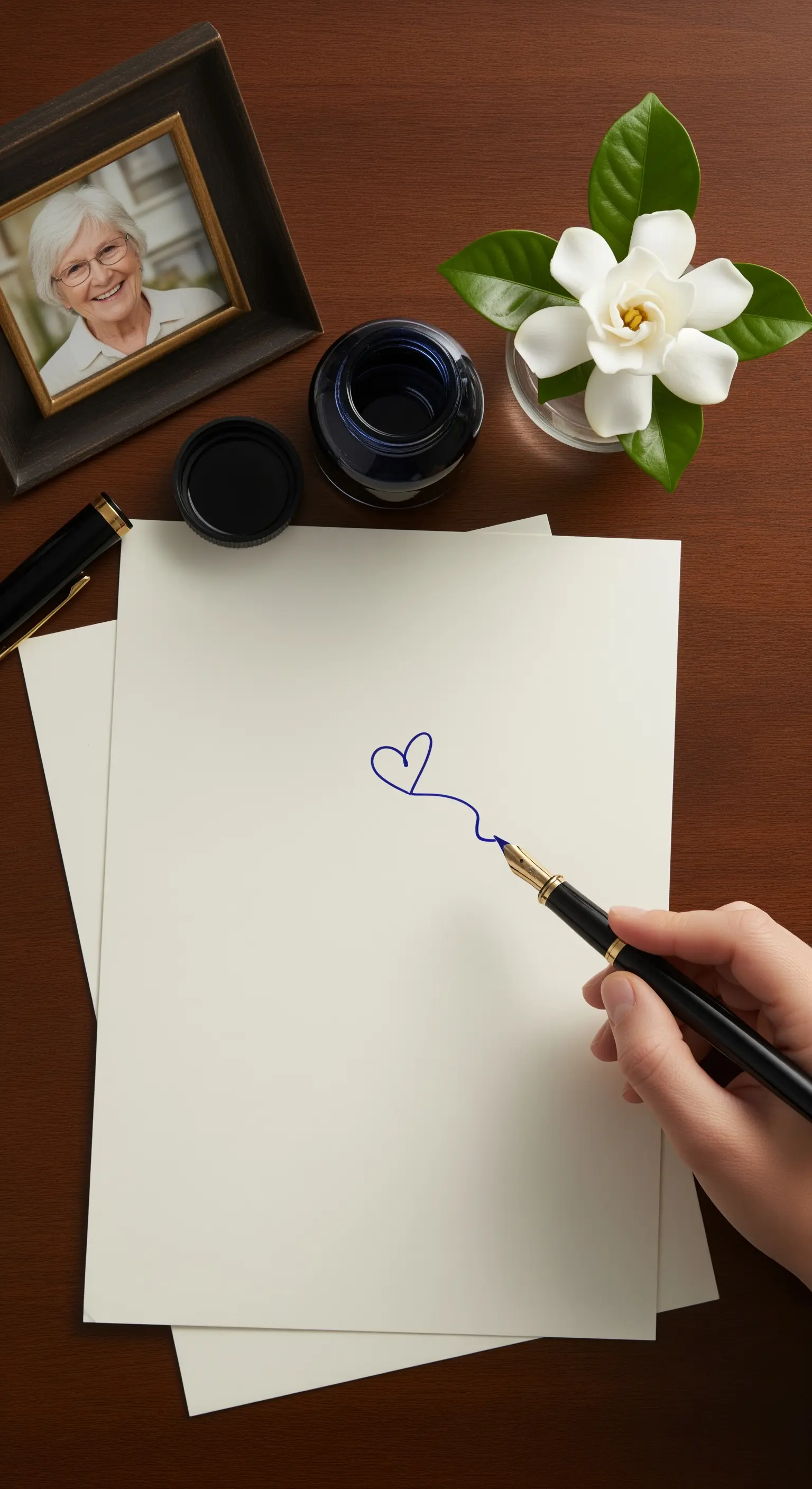 Scrivania in legno con un foglio bianco, una penna stilografica, una foto e un fiore di gardenia.