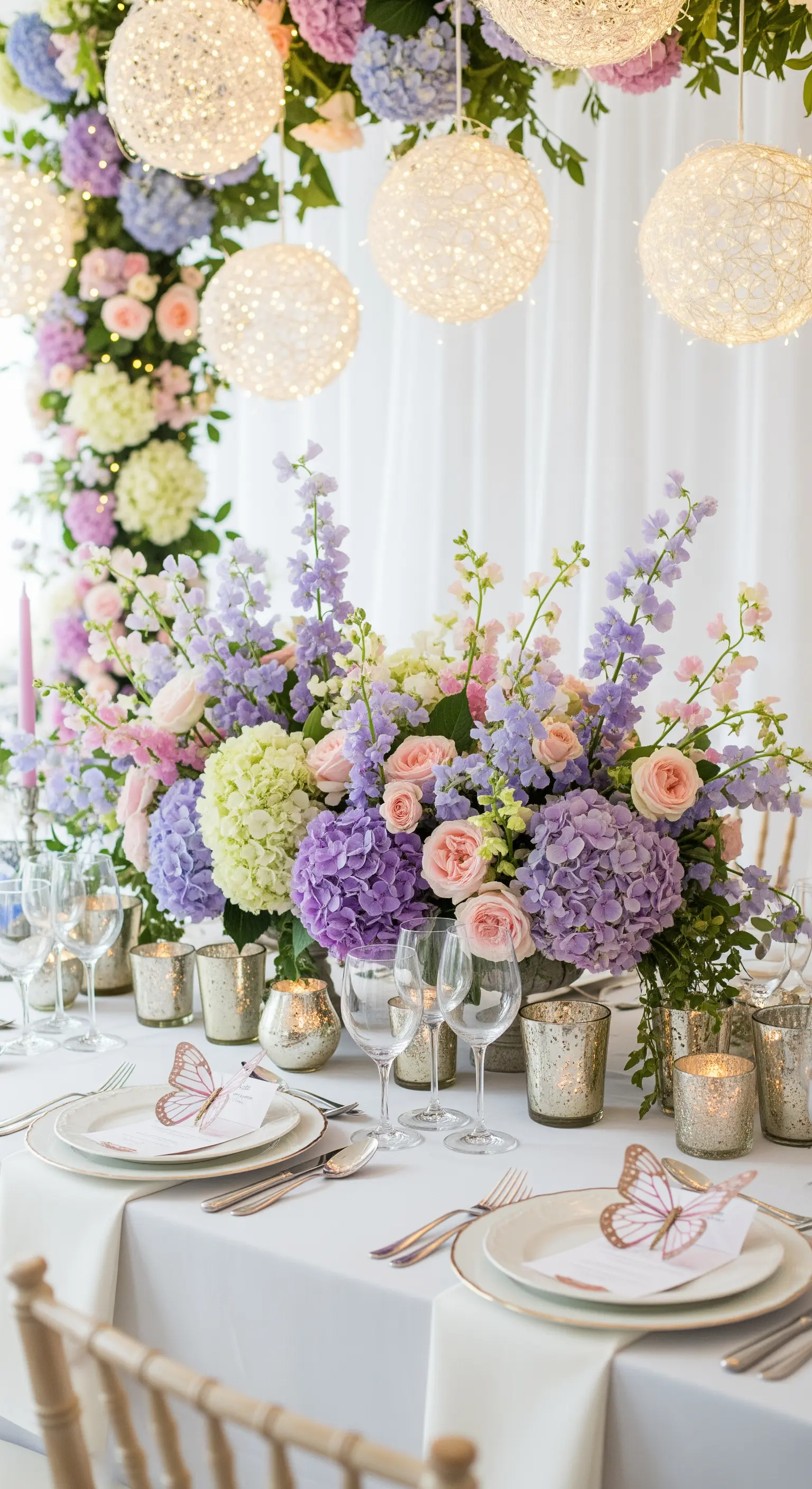 Tavola romantica con fiori pastello e sfere luminose appese al soffitto.