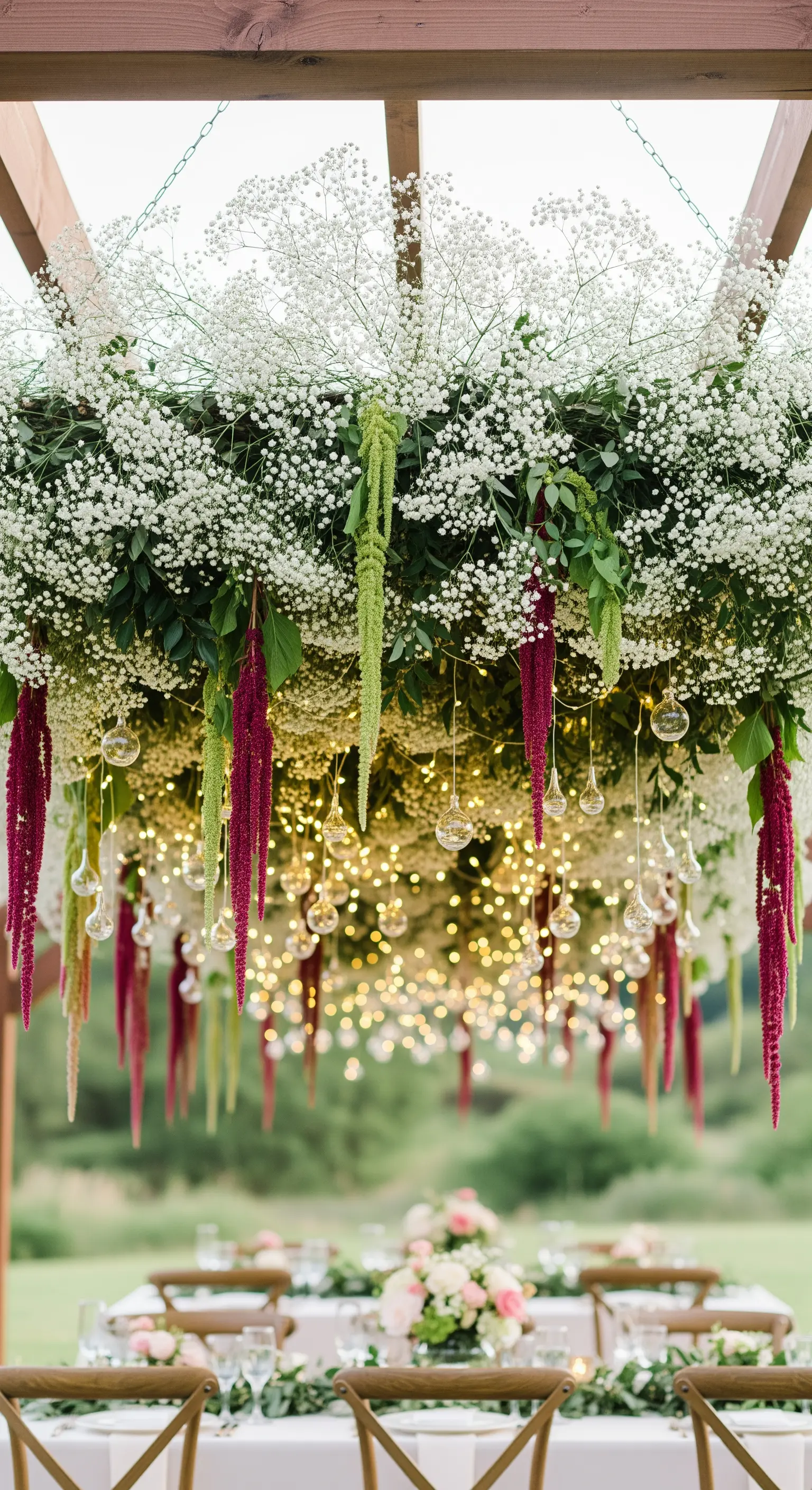 Installazione floreale sospesa con gypsophila, fiori a cascata e piccole luci.