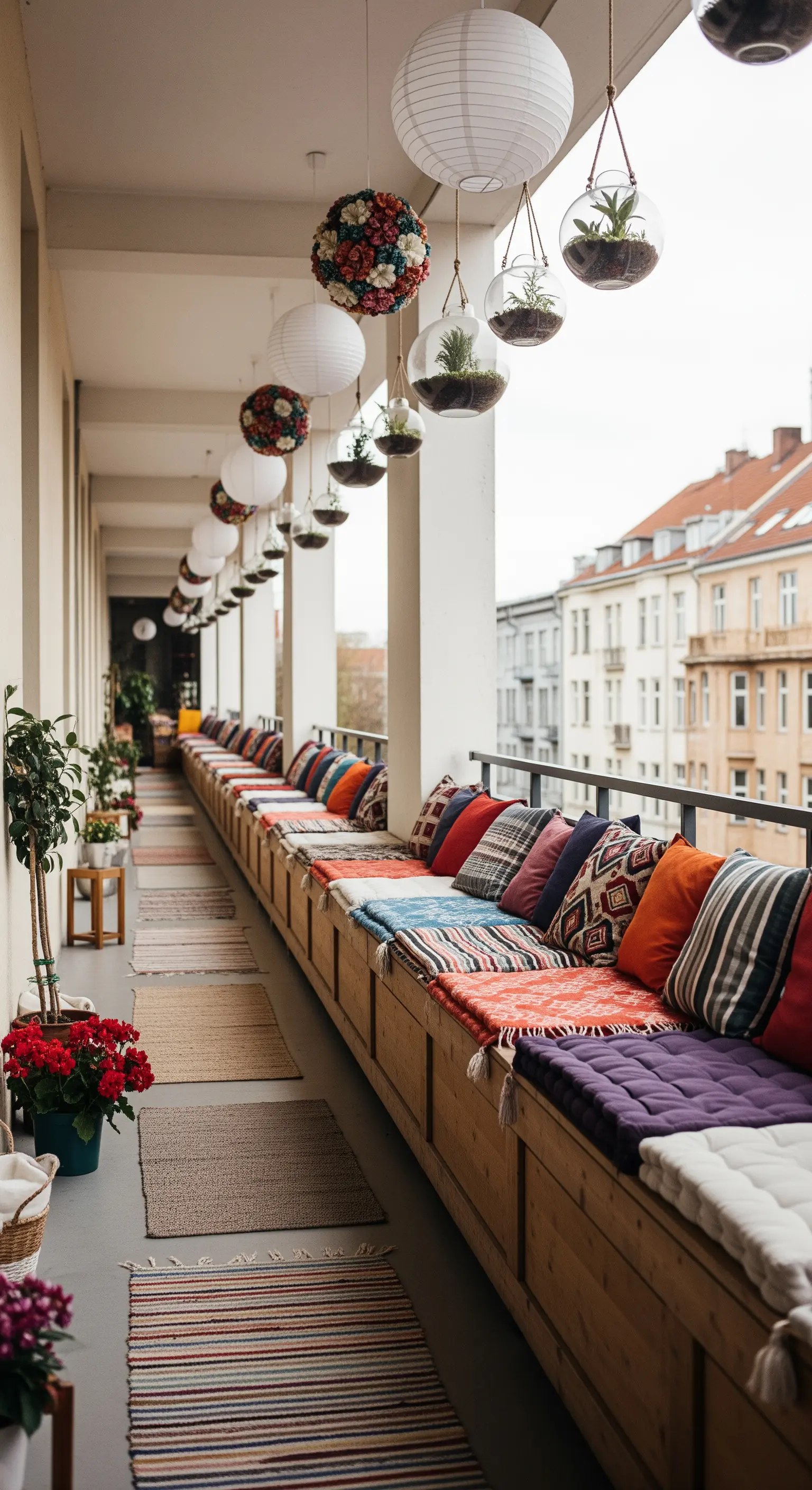 Lungo balcone con una panca in legno continua ricoperta di cuscini e tappeti colorati.