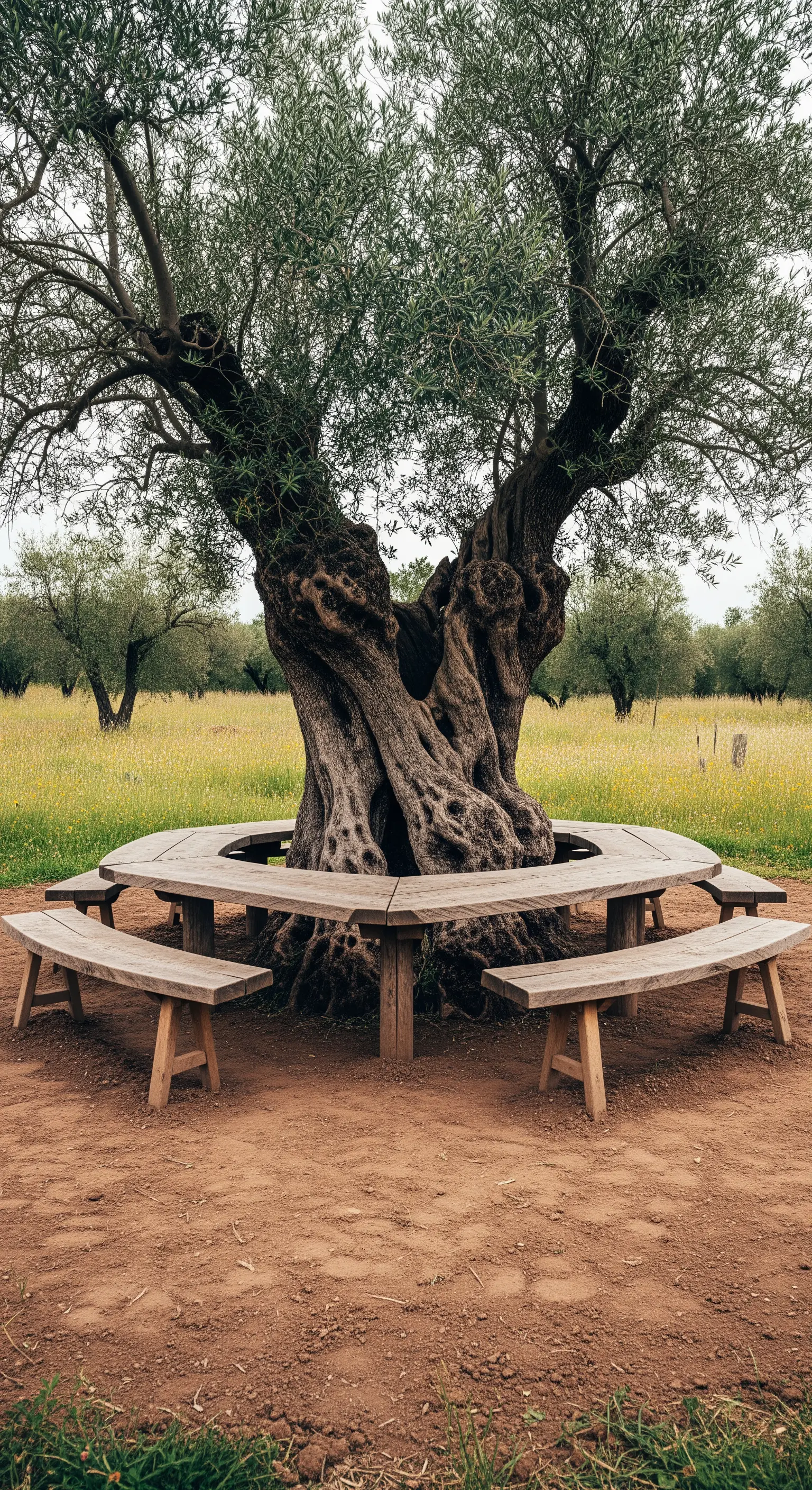 Grande albero di ulivo con una panca circolare in legno costruita attorno al tronco.