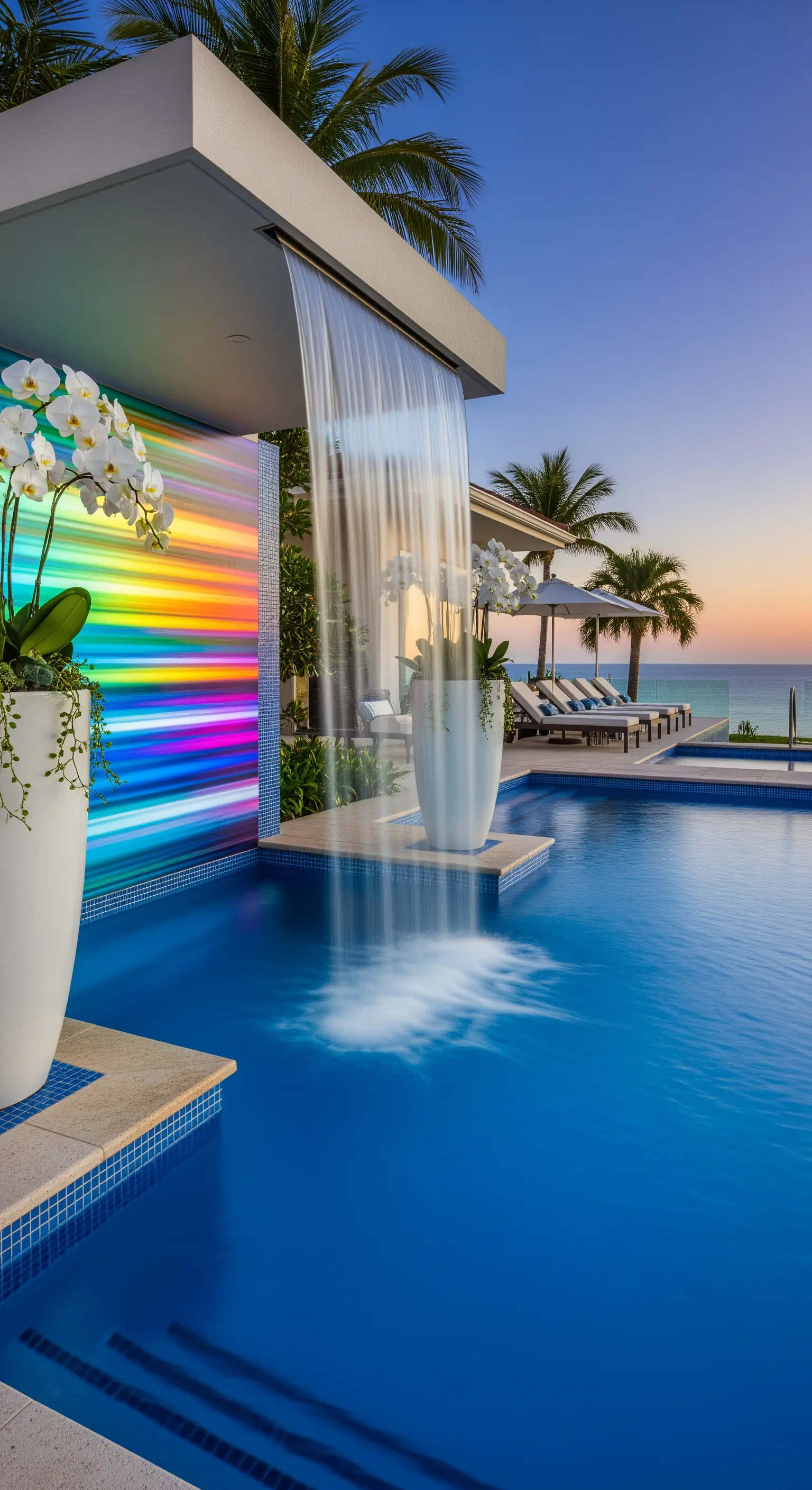 Piscina moderna con cascata a lamina che cade davanti a una parete LED color arcobaleno.