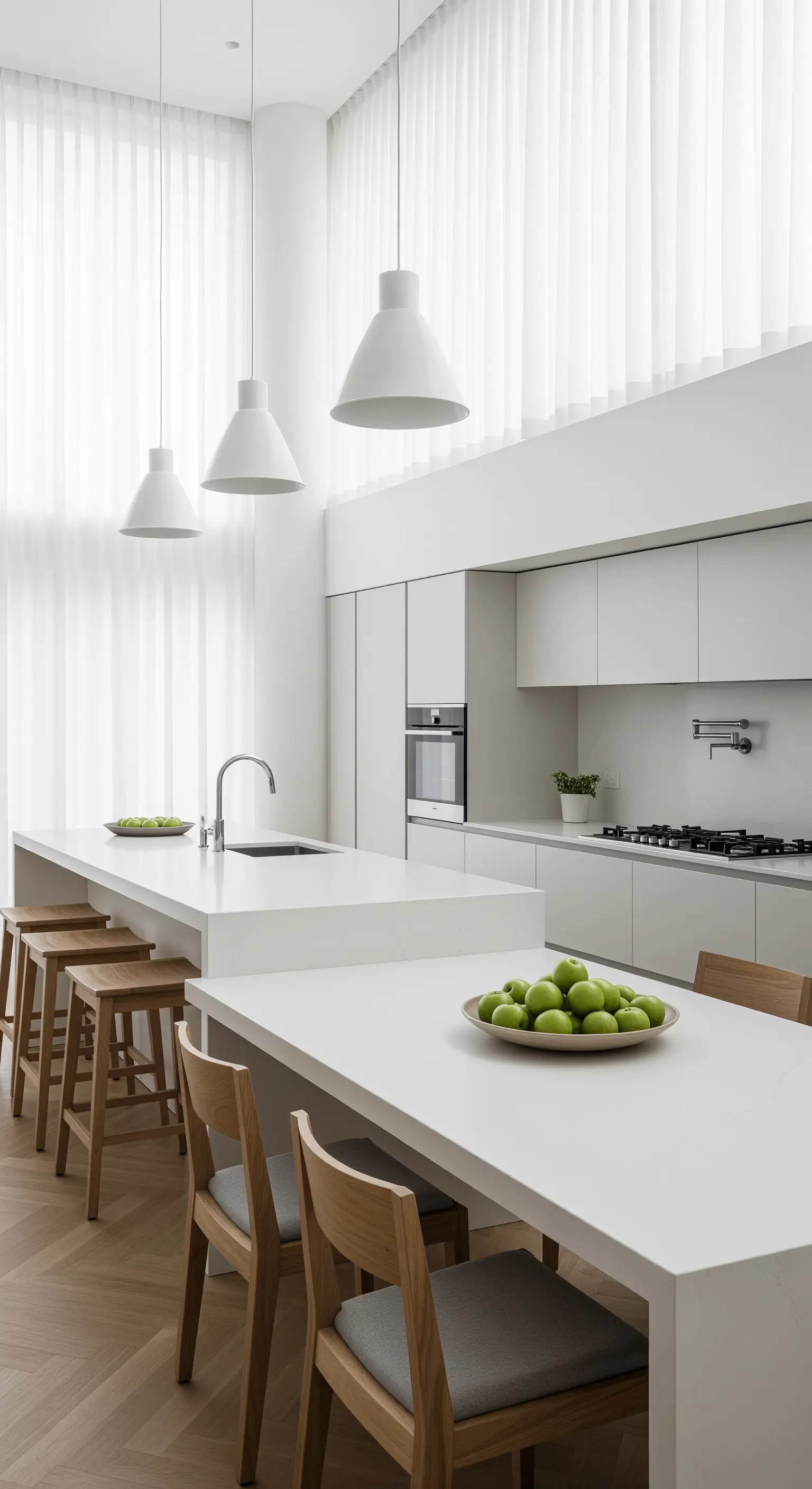 Cucina minimalista total white con una parete di tende velate e lampade a sospensione.