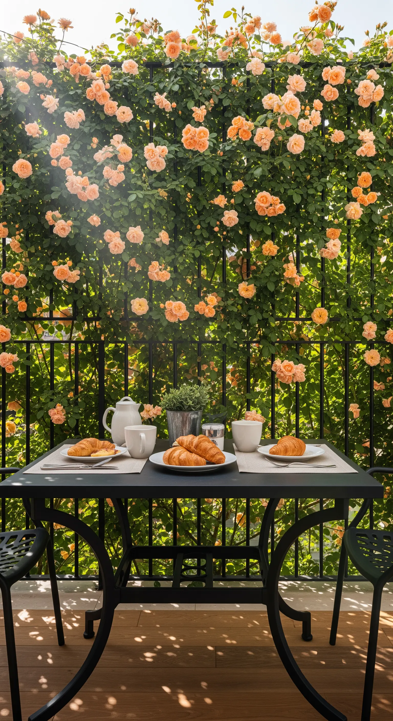 Tavolo per la colazione su un balcone con una parete interamente ricoperta di rose color pesca.