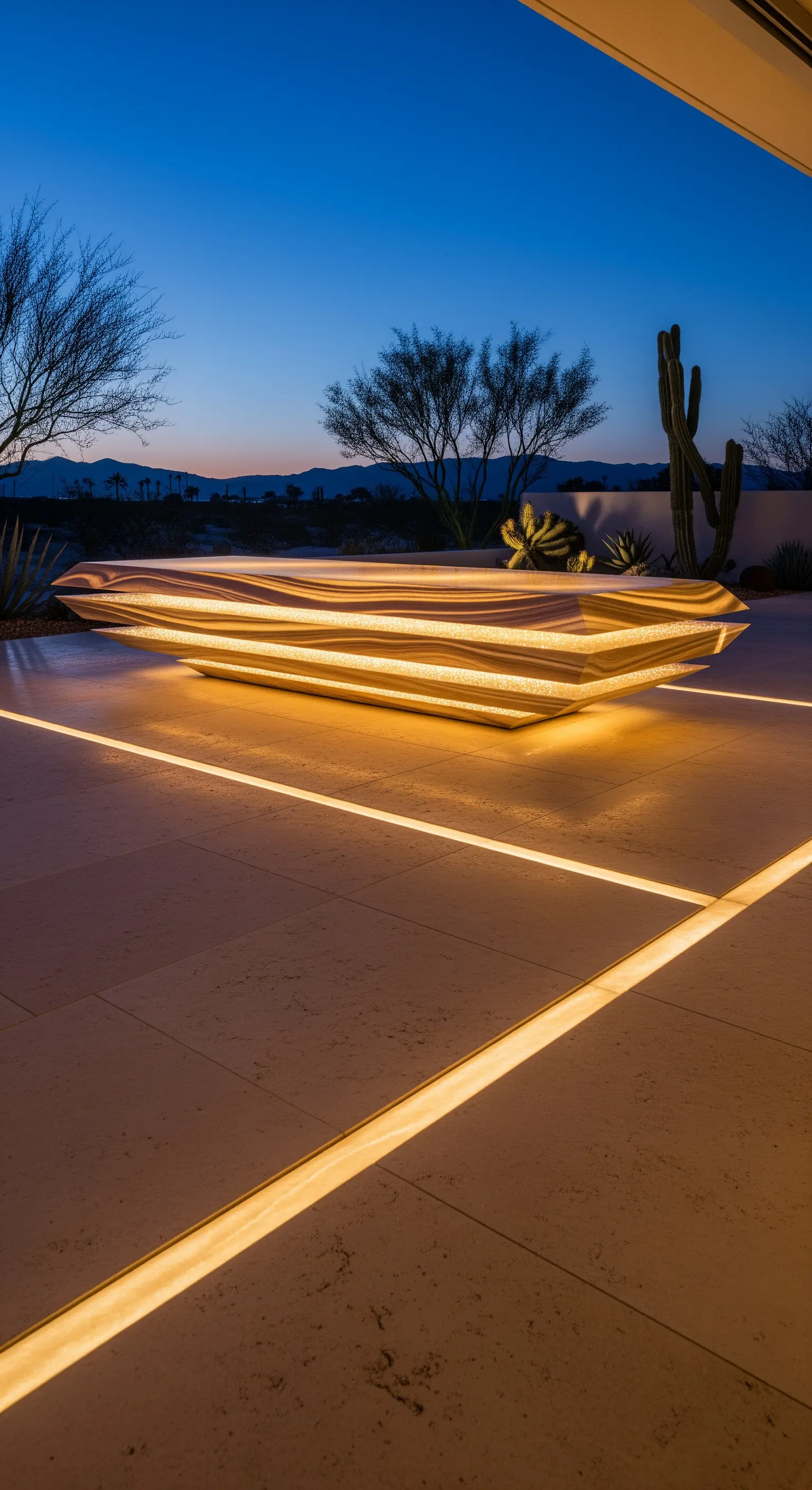 Panca scultorea illuminata dall'interno su un patio con strisce di luce a pavimento.