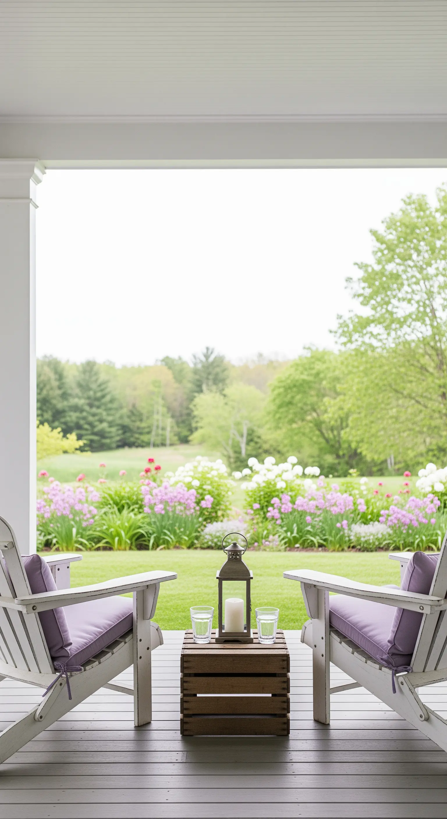 Due sedie Adirondack bianche con cuscini viola affacciate su un giardino fiorito.