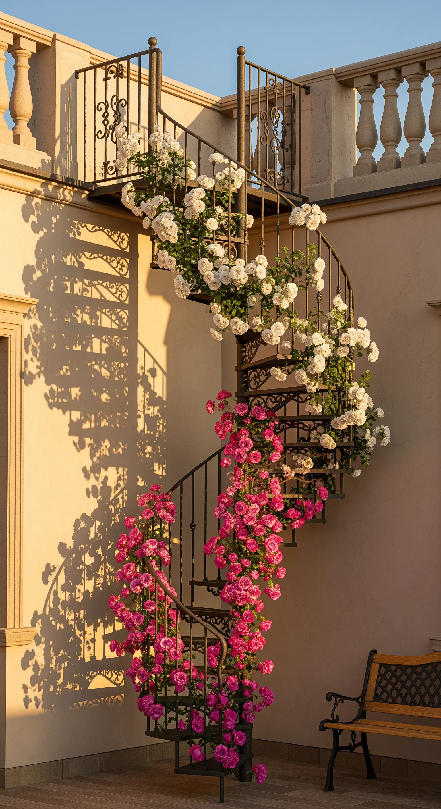 Scala a chiocciola in ferro battuto decorata con rose rampicanti bianche e rosa.