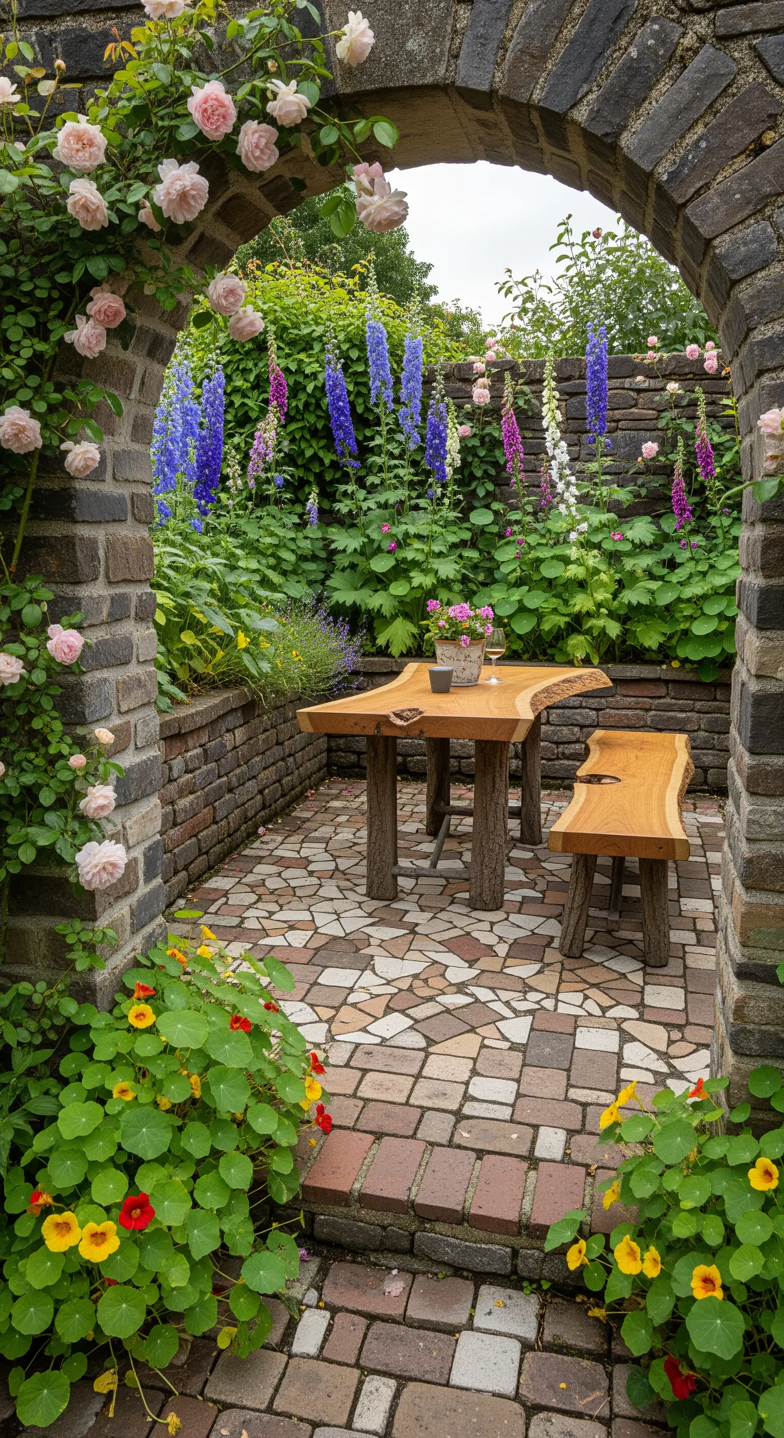 Tavolo in legno organico in una nicchia di mattoni incorniciata da rose e fiori alti.