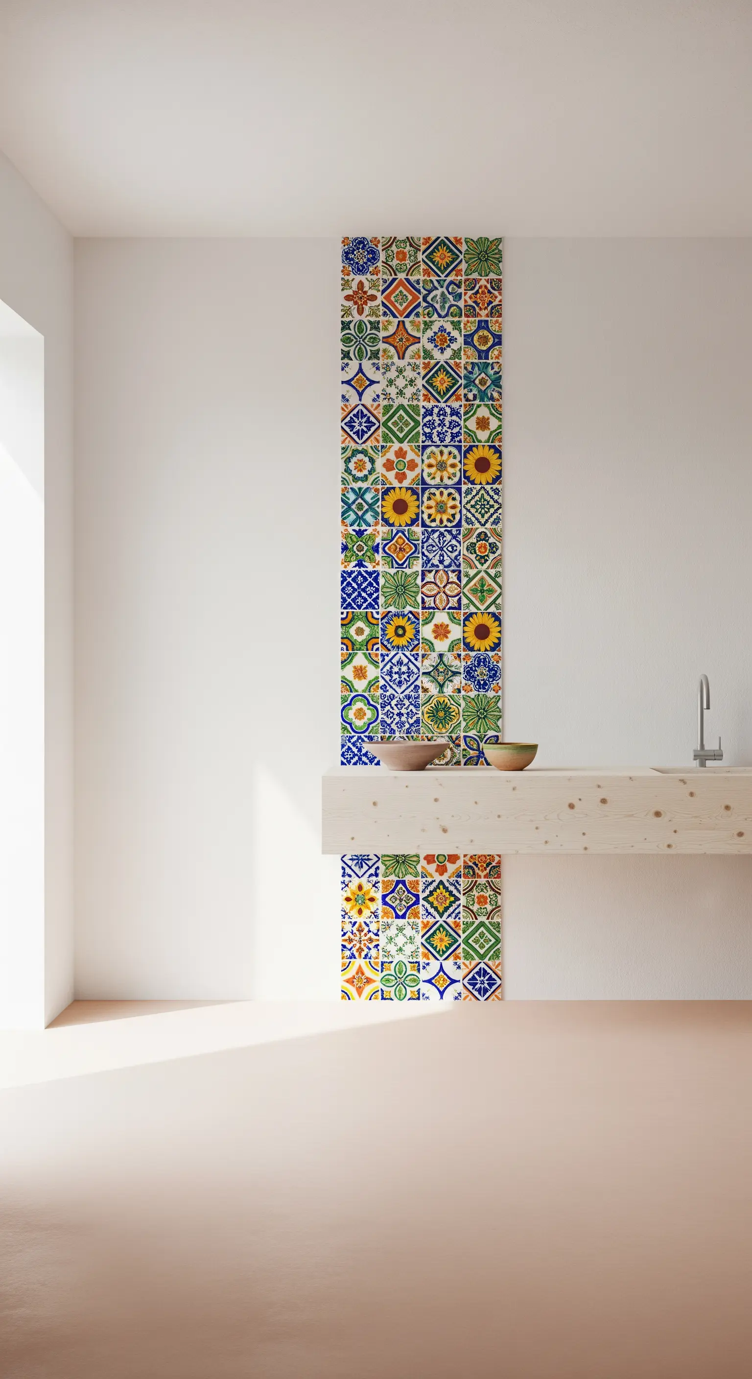 Cucina minimalista con una striscia verticale di maioliche patchwork dietro un lavello sospeso.