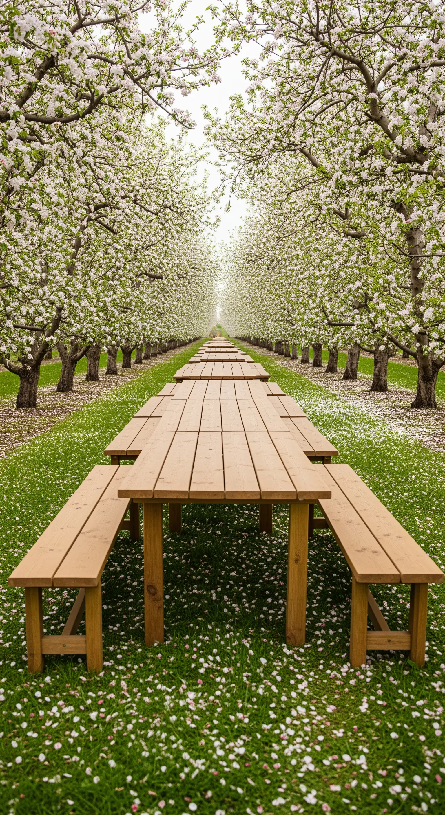 Lunga prospettiva di tavoli da picnic in legno in un frutteto con alberi in fiore.