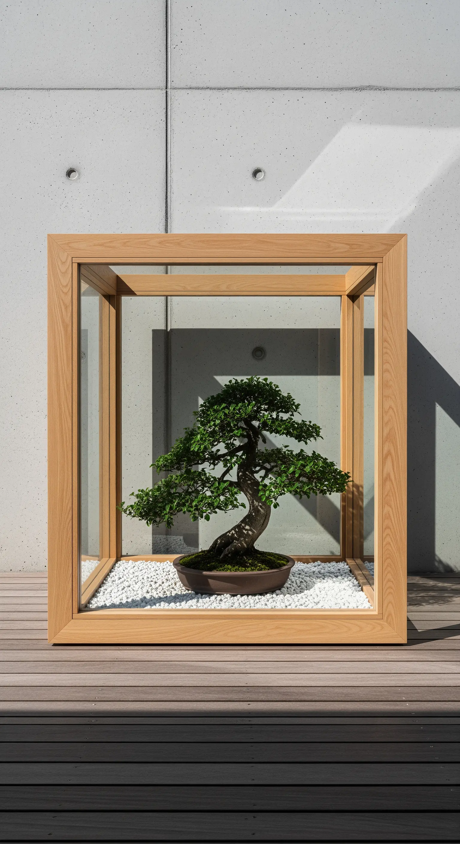 Bonsai esposto all'interno di una teca cubica in legno chiaro e vetro, su una base di ghiaia bianca