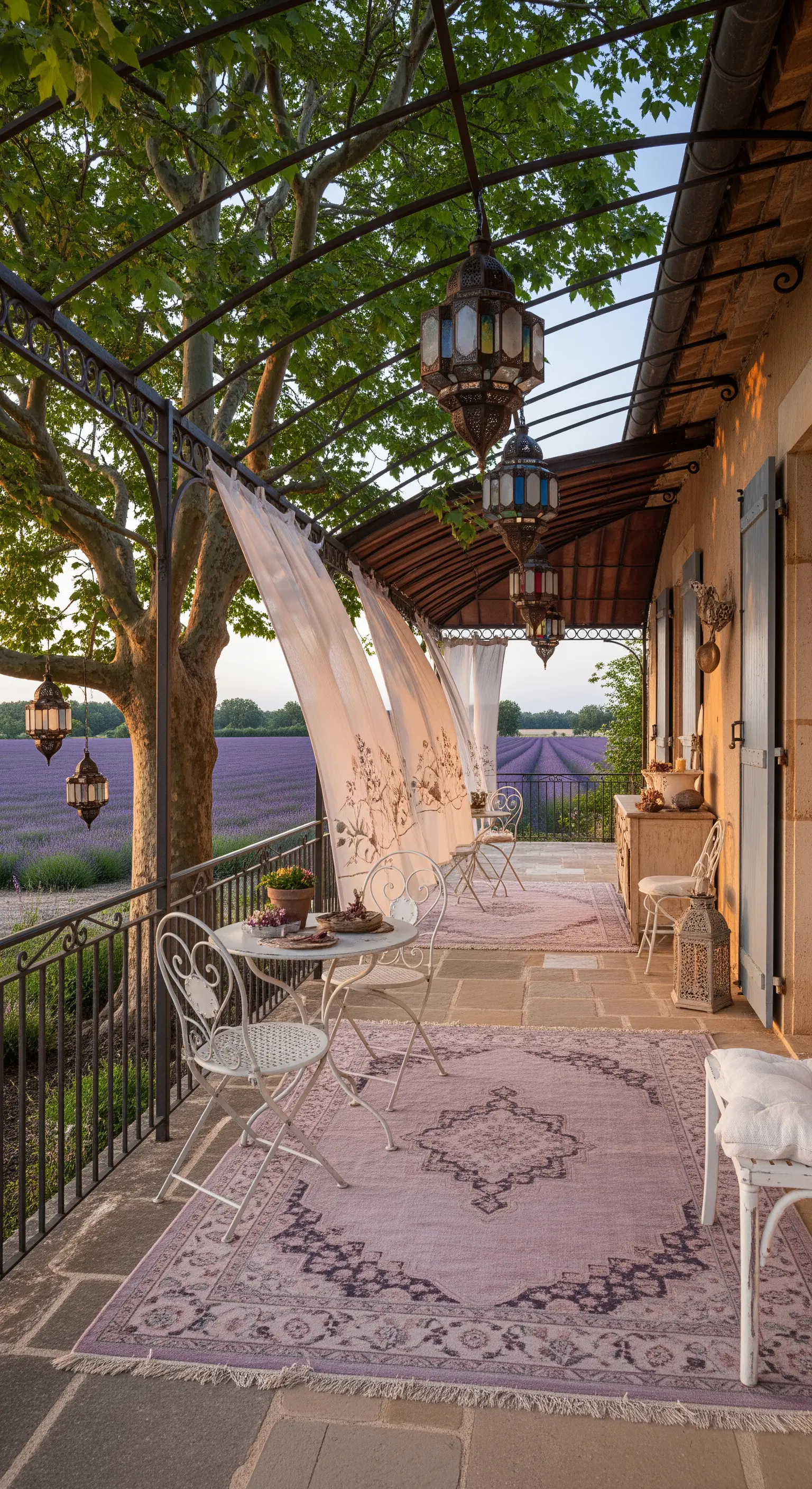 Terrazza in stile provenzale con vista su un campo di lavanda, arredi bianchi e lanterne marocchine