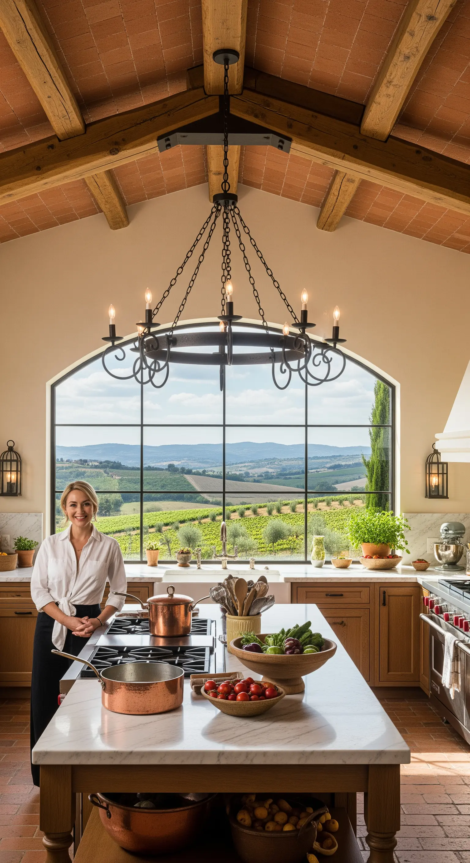 Cucina toscana con isola in marmo, travi a vista e grande lampadario in ferro battuto.