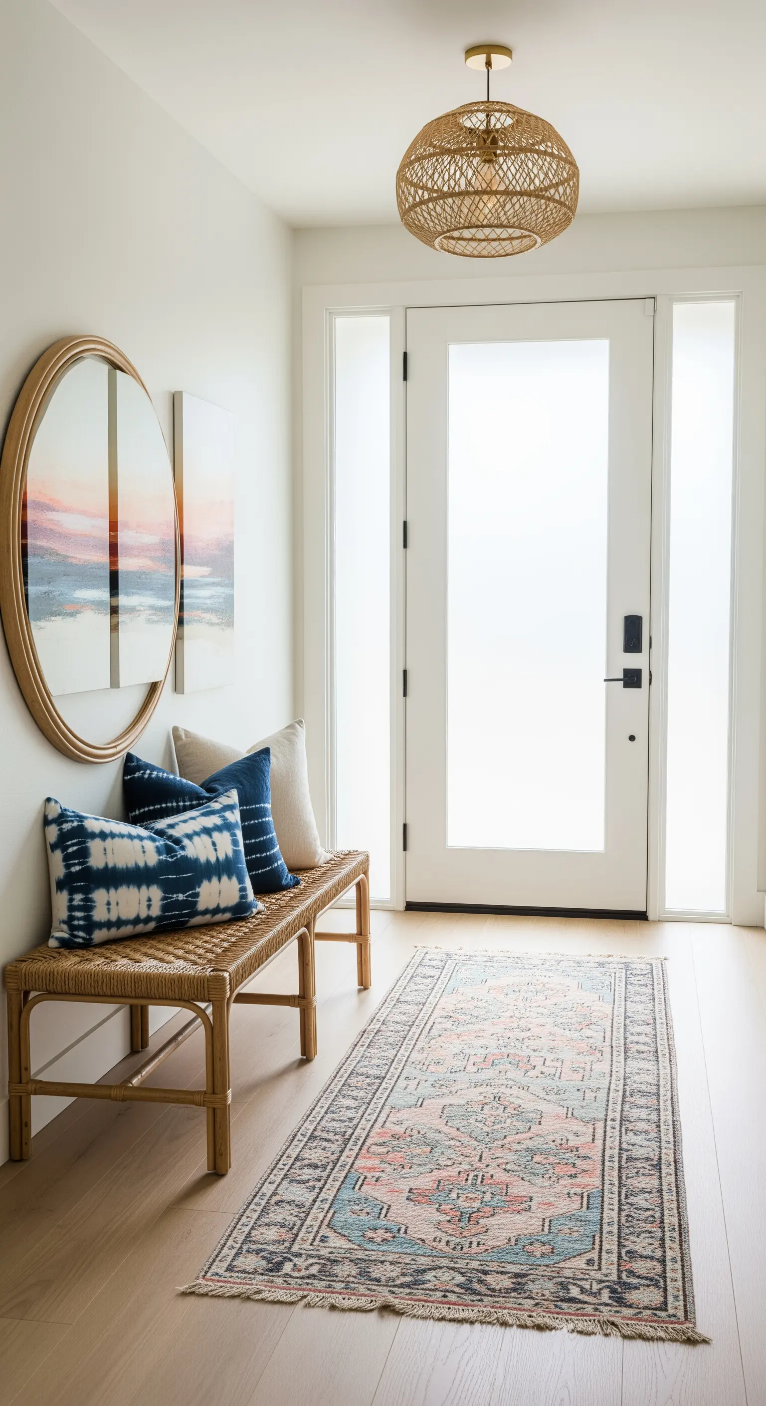 Ingresso in stile coastal-boho con panca in rattan, cuscini tie-dye blu e tappeto chiaro.