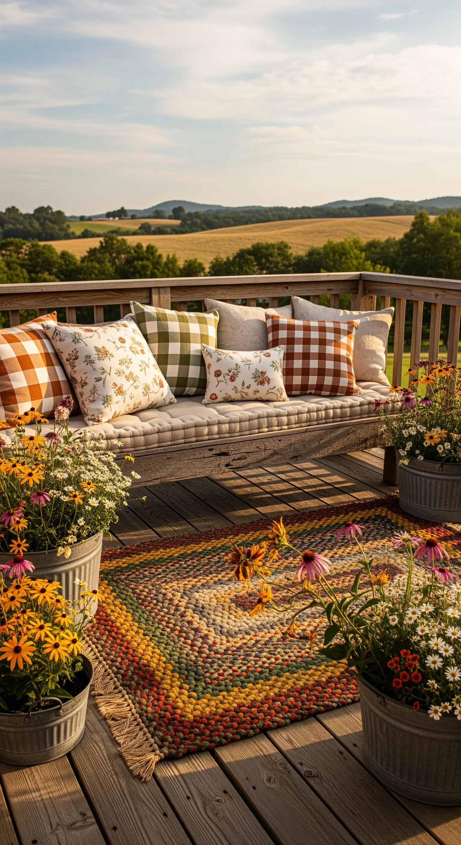 Terrazza in legno con panca, cuscini a quadri e floreali, e un tappeto intrecciato multicolore.